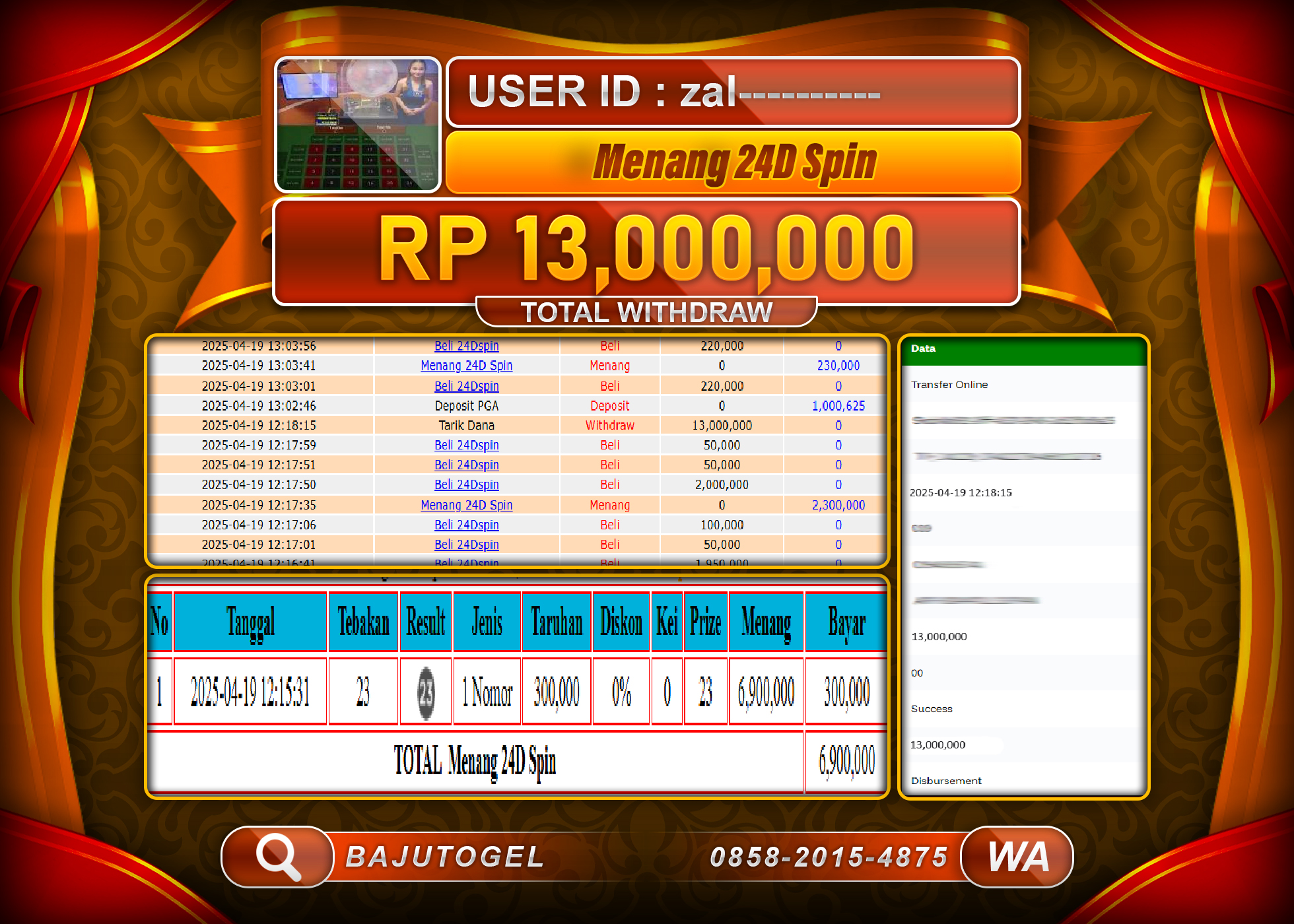 BAJUTOGEL KEMENANGAN LIVE CASINO 24D SPIN Rp.13.000.000 LUNAS