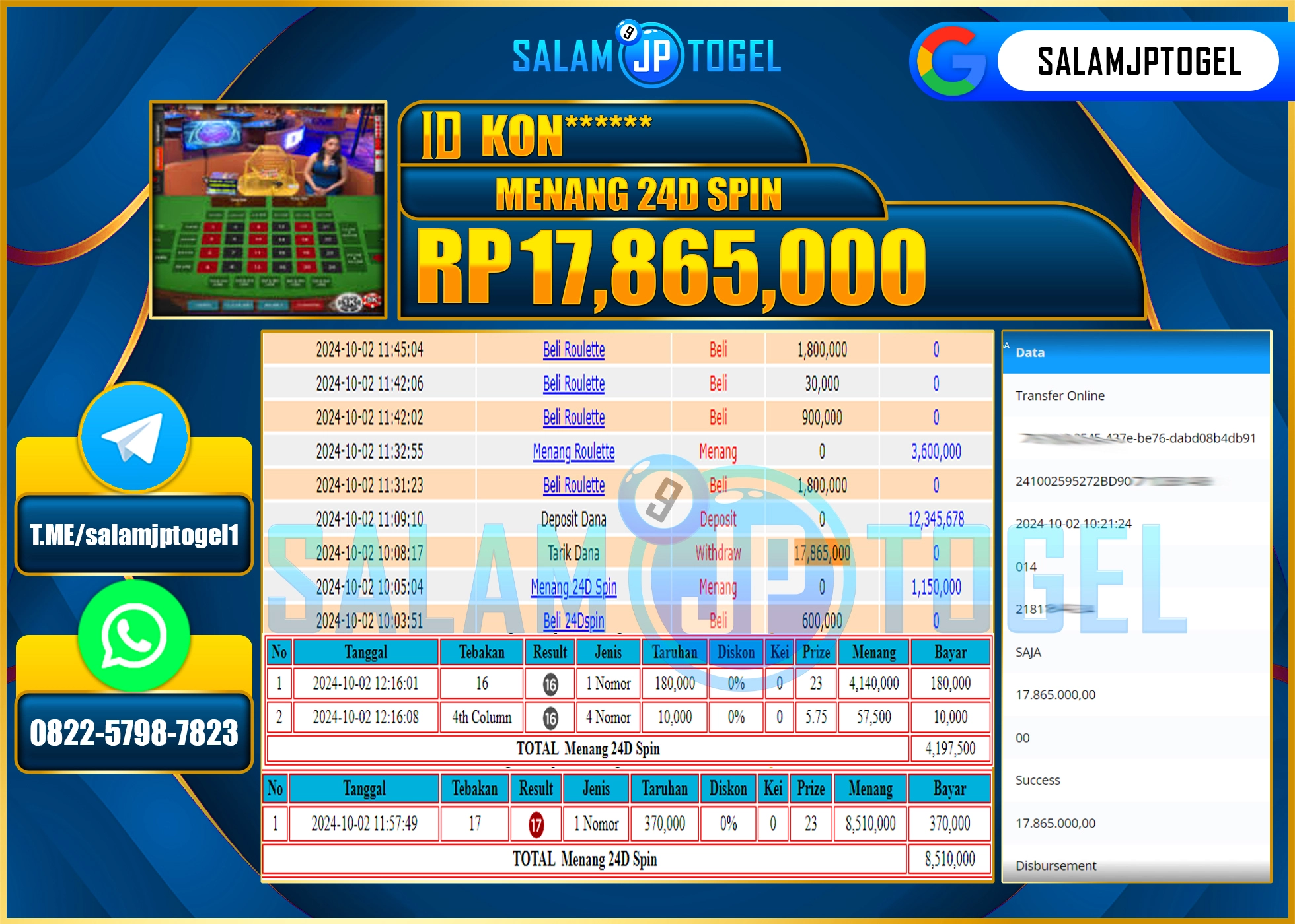 SALAMJPTOGEL MENANG LIVE 24D Spin 2  RP. 17,865,000 LUNAS