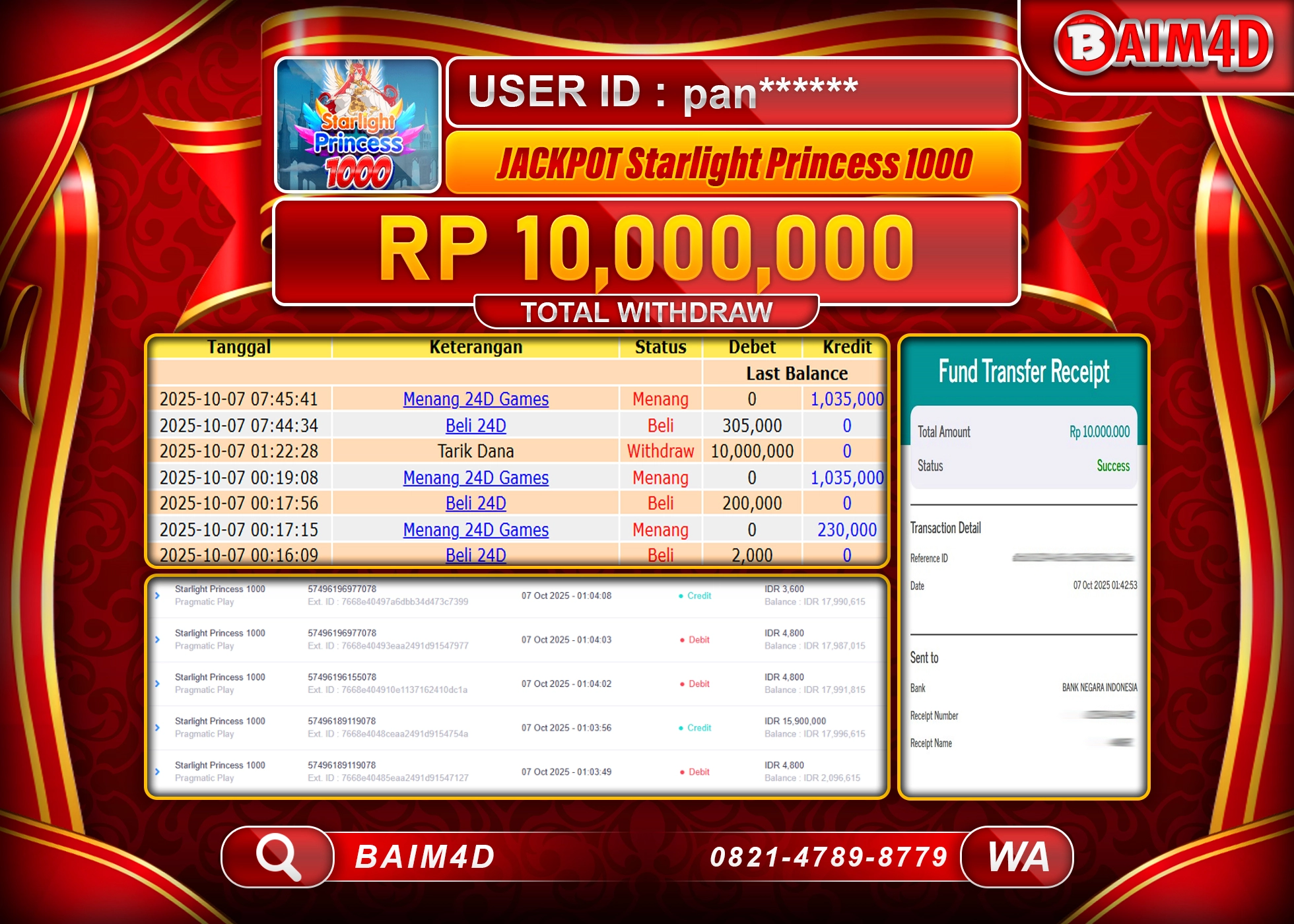 BAIM4D JACKPOT SLOT STARLIGHT PRINCESS 1000 Rp.10,000,000.- LUNAS