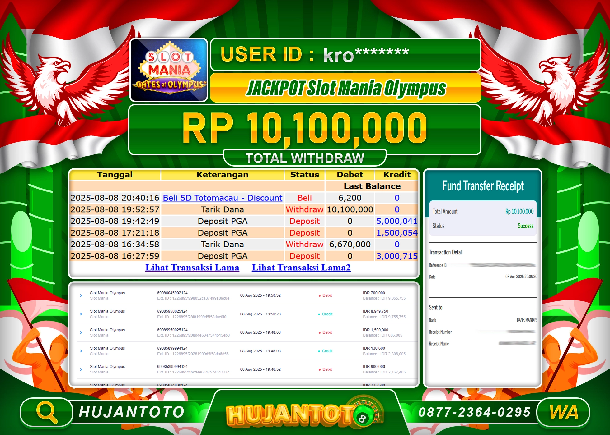 HUJANTOTO - BUKTI JACKPOT MENANG SLOT MANIA OLYMPUS Rp.10,100,000 - TERBAYAR LUNAS
