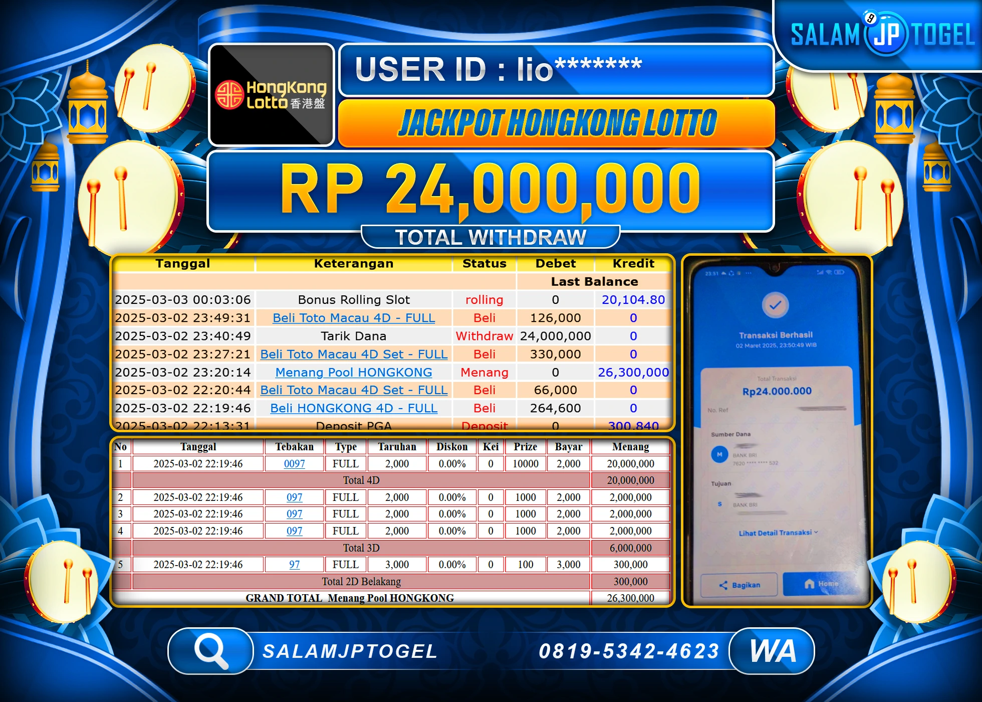 SALAMJPTOGEL MENANG TOGEL HONGKONG LOTTO Rp. 24,000,000  LUNAS