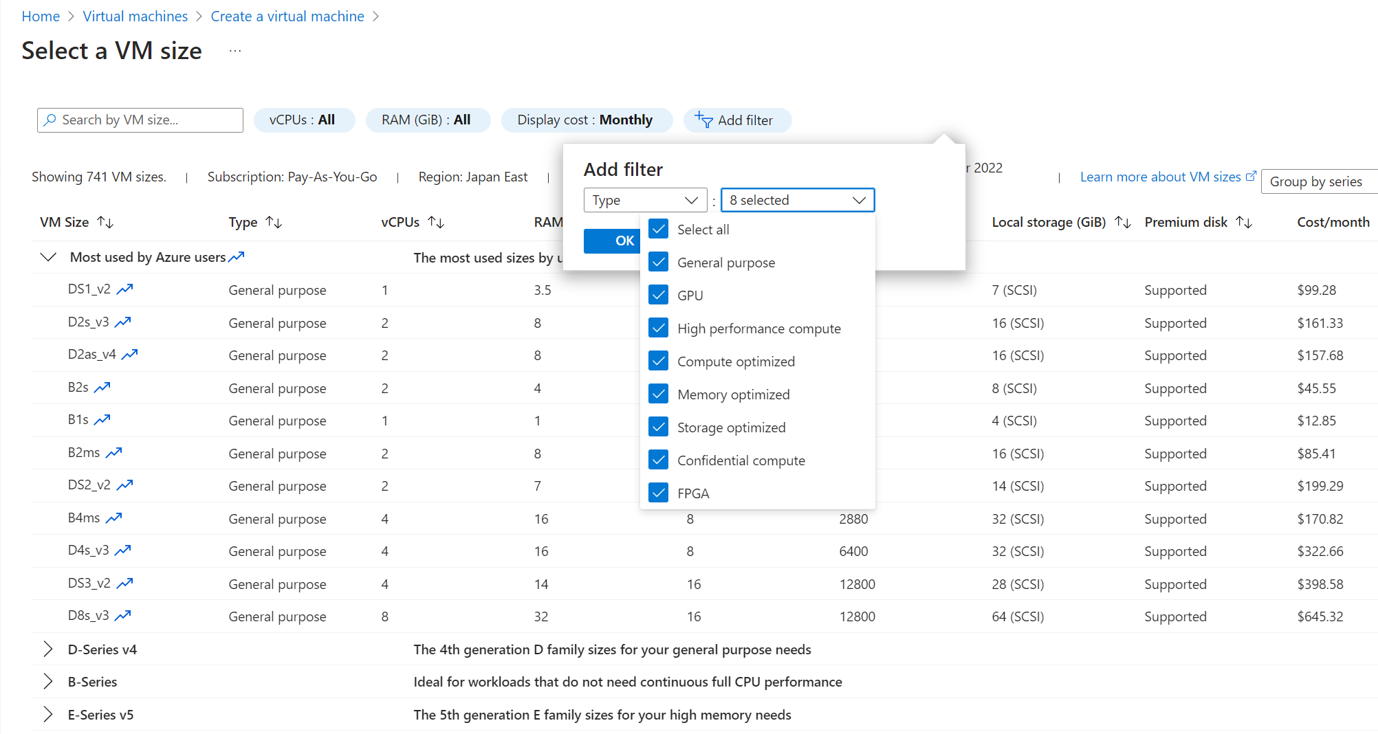 Select a VM size