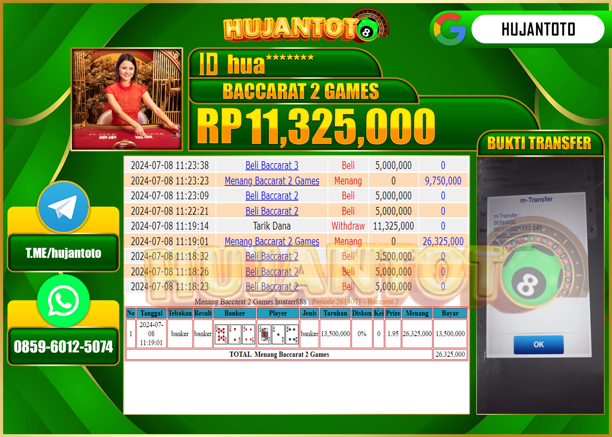 HUJANTOTO MENANG LIVE CASINO BACCARAT GAMES 11,325,000 - LUNAS 