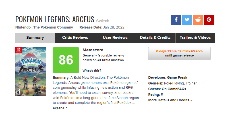 Conocemos la nota media de Leyendas Pokémon: Arceus en Metacritic