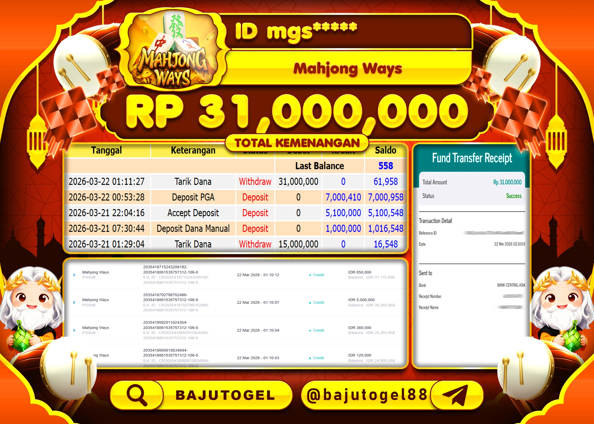 BAJUTOGEL KEMENANGAN DI MAHJONG WAYS PGSOFT Rp.31,000,000 LUNAS