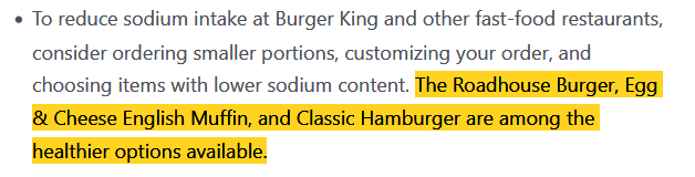 Statement that the Roadhouse Burger is one of BK's healthier options