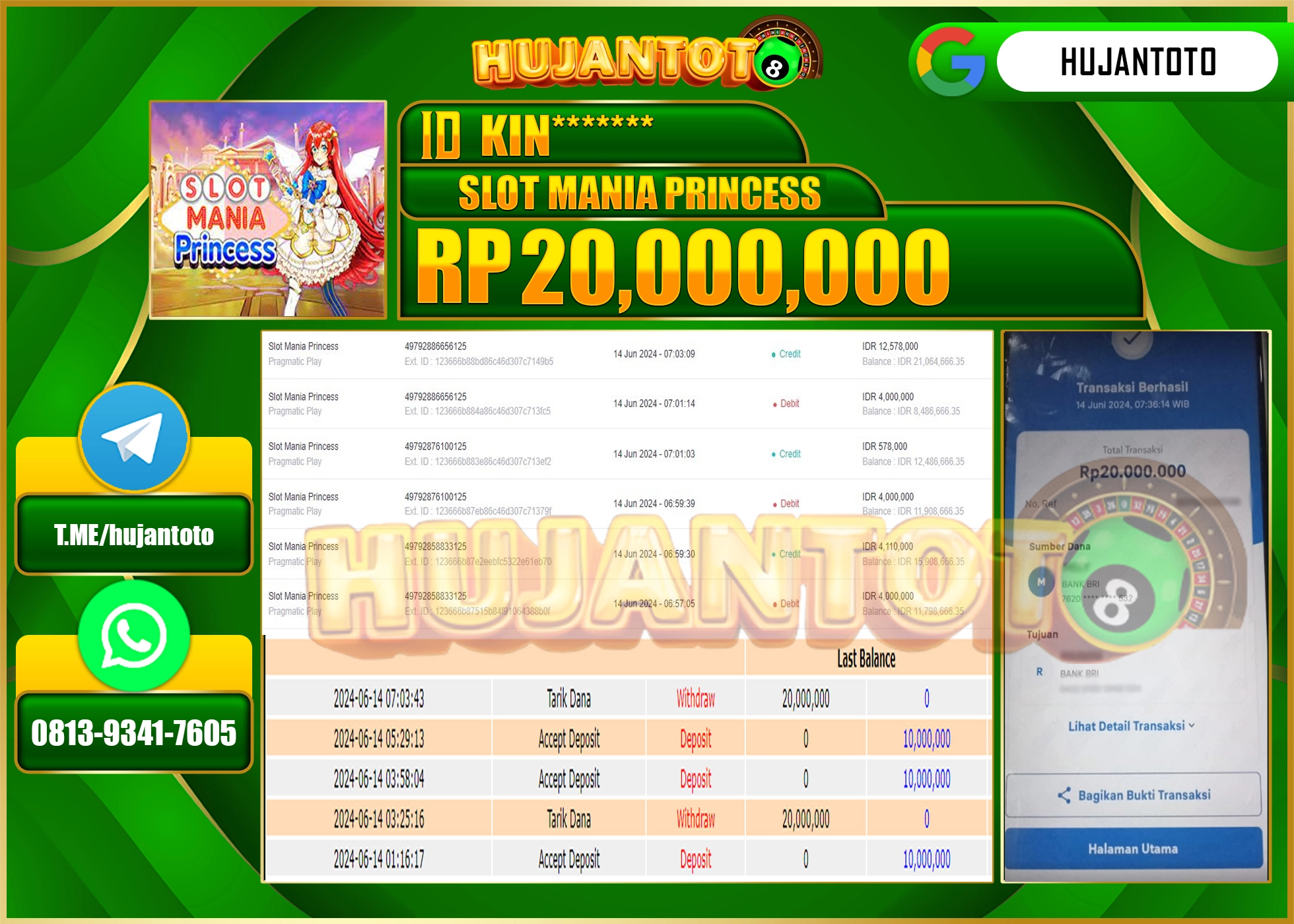 HUJANTOTO MENANG DI SLOT MANIA PRINCESS 20.000.000 - LUNAS 