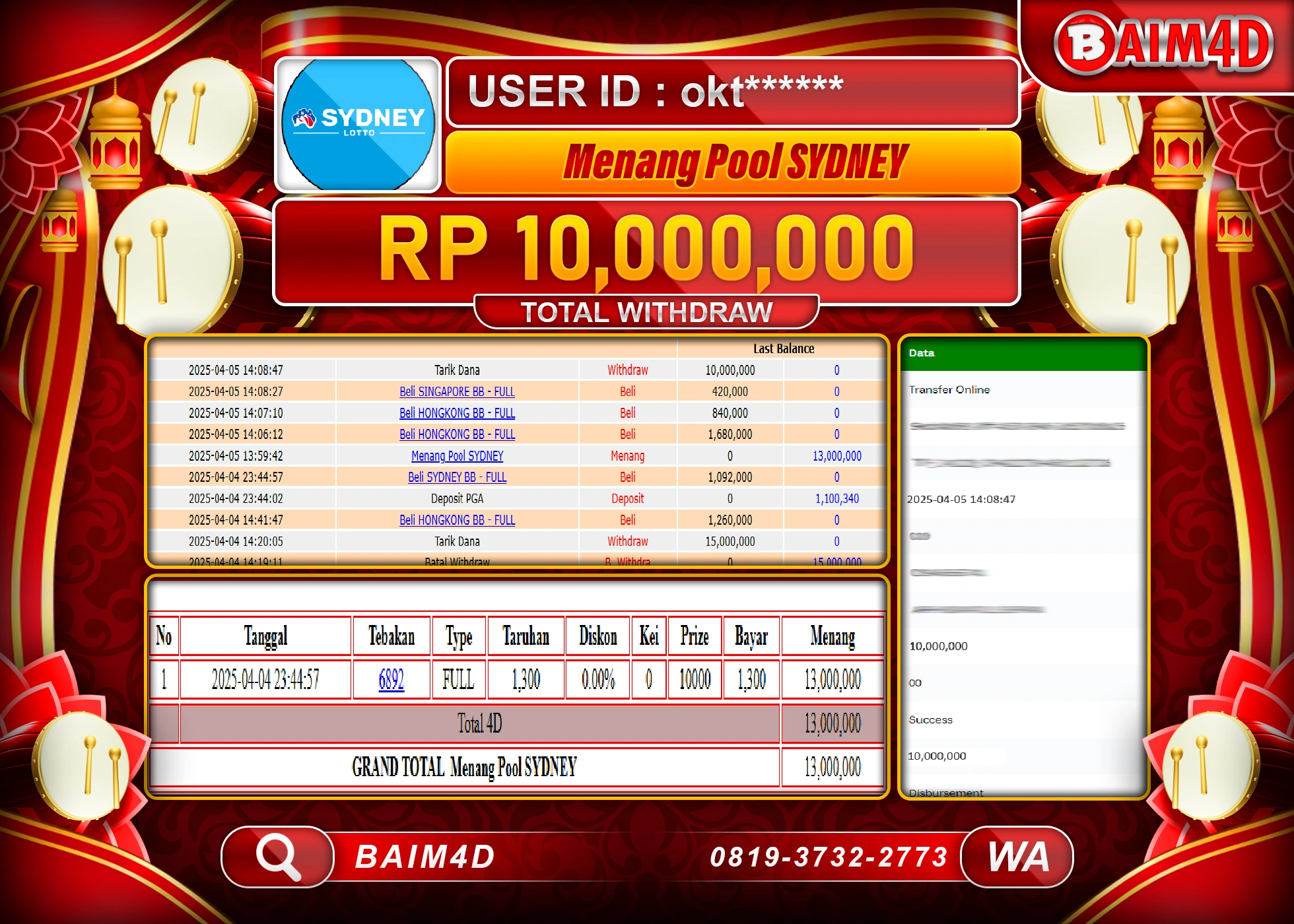 BAIM4D  MENANG TOGEL SYDNEY LOTTO  Rp.10.000,000.- LUNAS