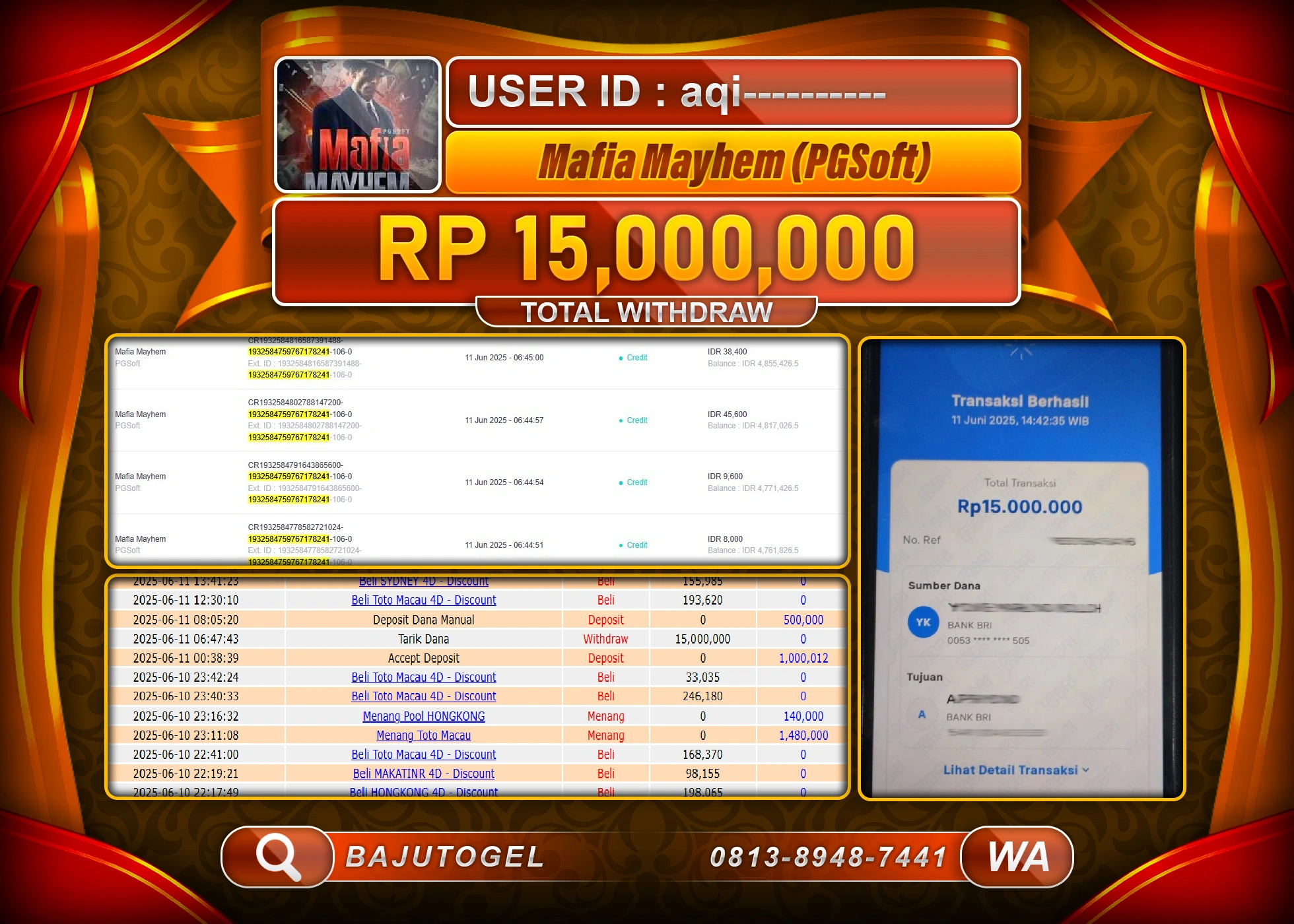 BAJUTOGEL KEMENANGAN  MAFIA MAYHEM PG SOFT Rp.15.000.000 LUNAS