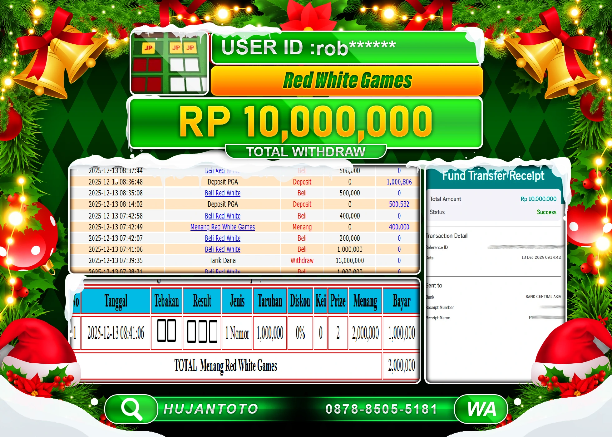 HUJANTOTO - BUKTI JACKPOT MENANG LIVEGAME RED WHITE GAMES Rp.10,000,000 - TERBAYAR LUNAS