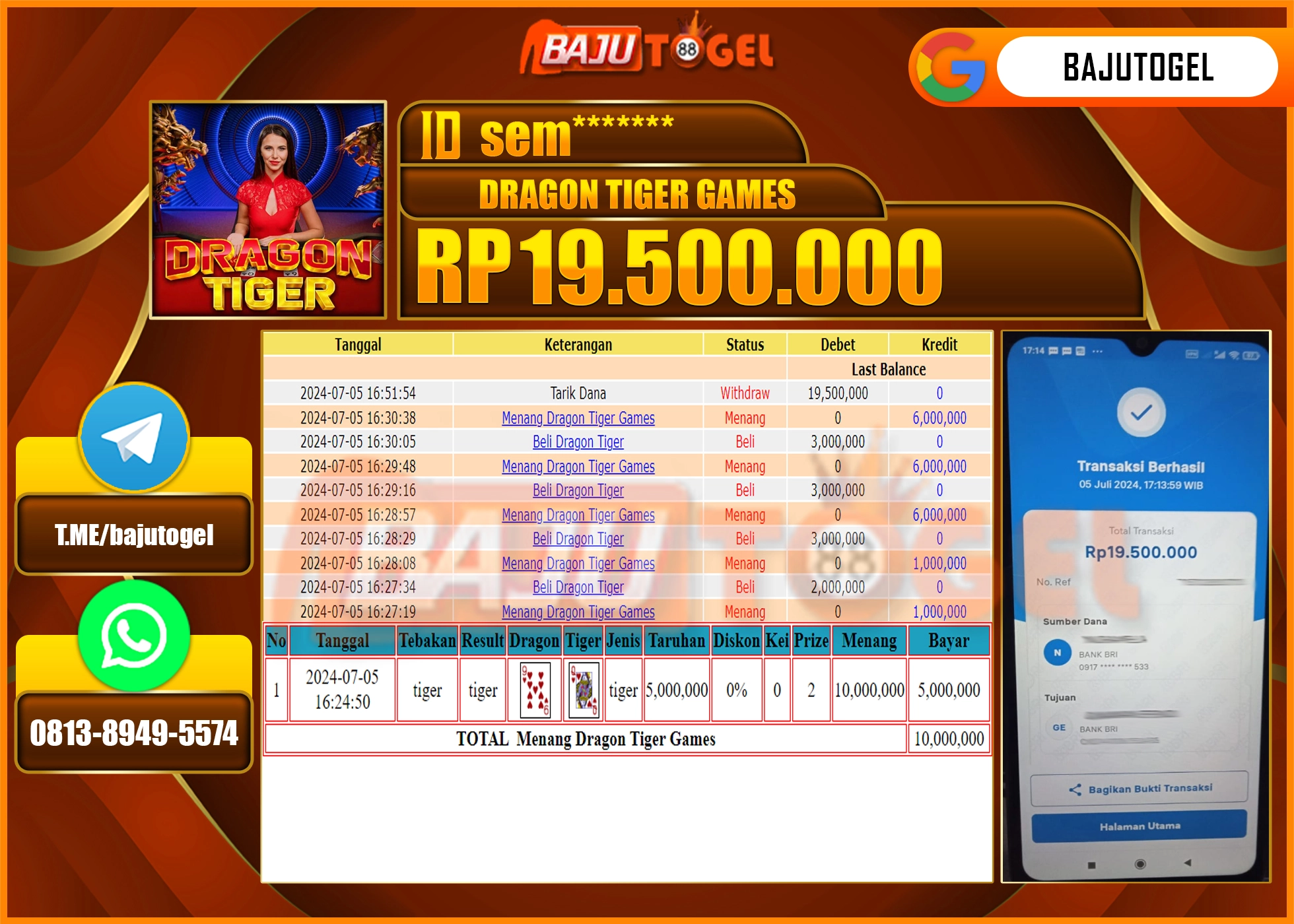 BAJUTOGEL JACKPOT DRAGON TIGER GAMES Rp.19.500.000 LUNAS