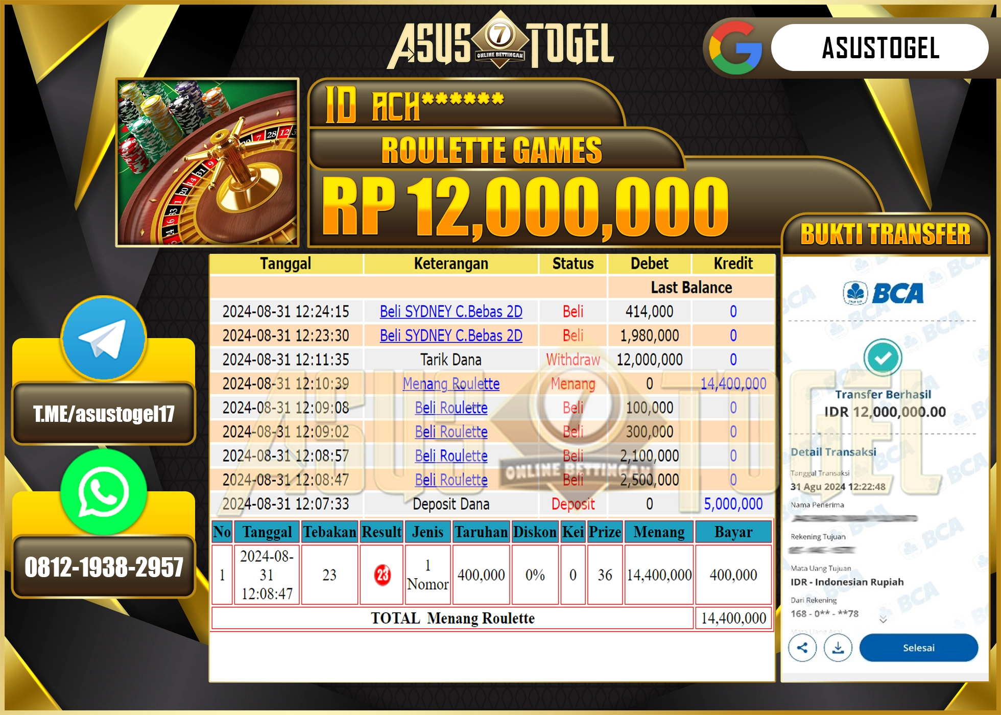 ASUSTOGEL KEMENANGAN DI LIVEGAME ROULETTE GAMES SEBESAR  12,000,000- RUPIAH LUNAS