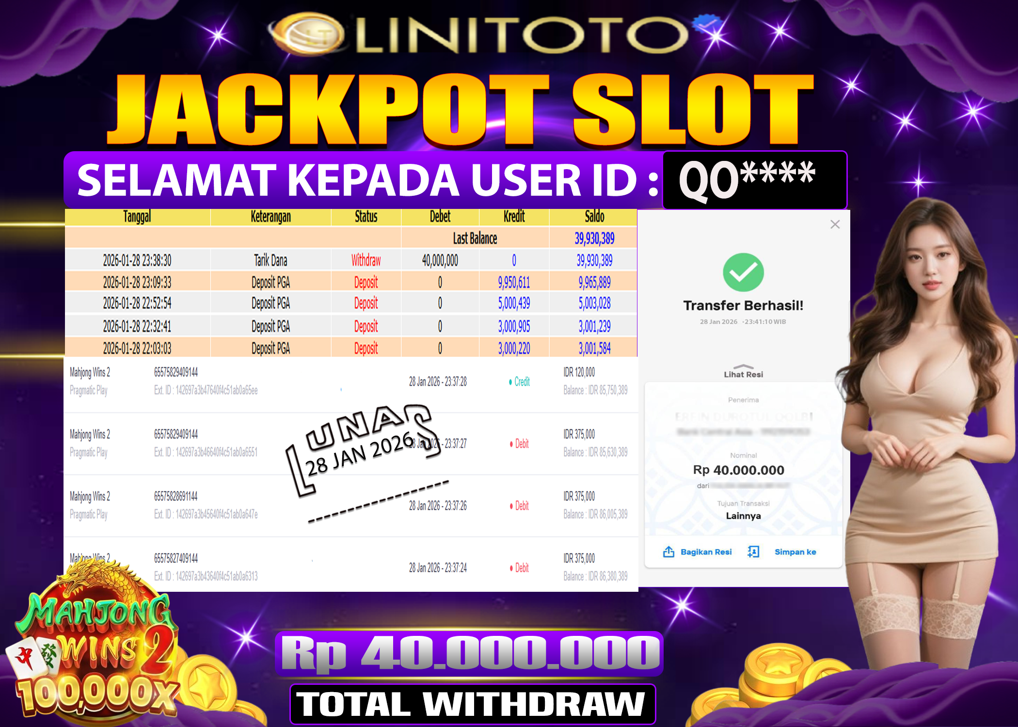 LINITOTO JACKPOT SLOT Mahjong Wins 2 Rp.40,000,000 - LUNAS