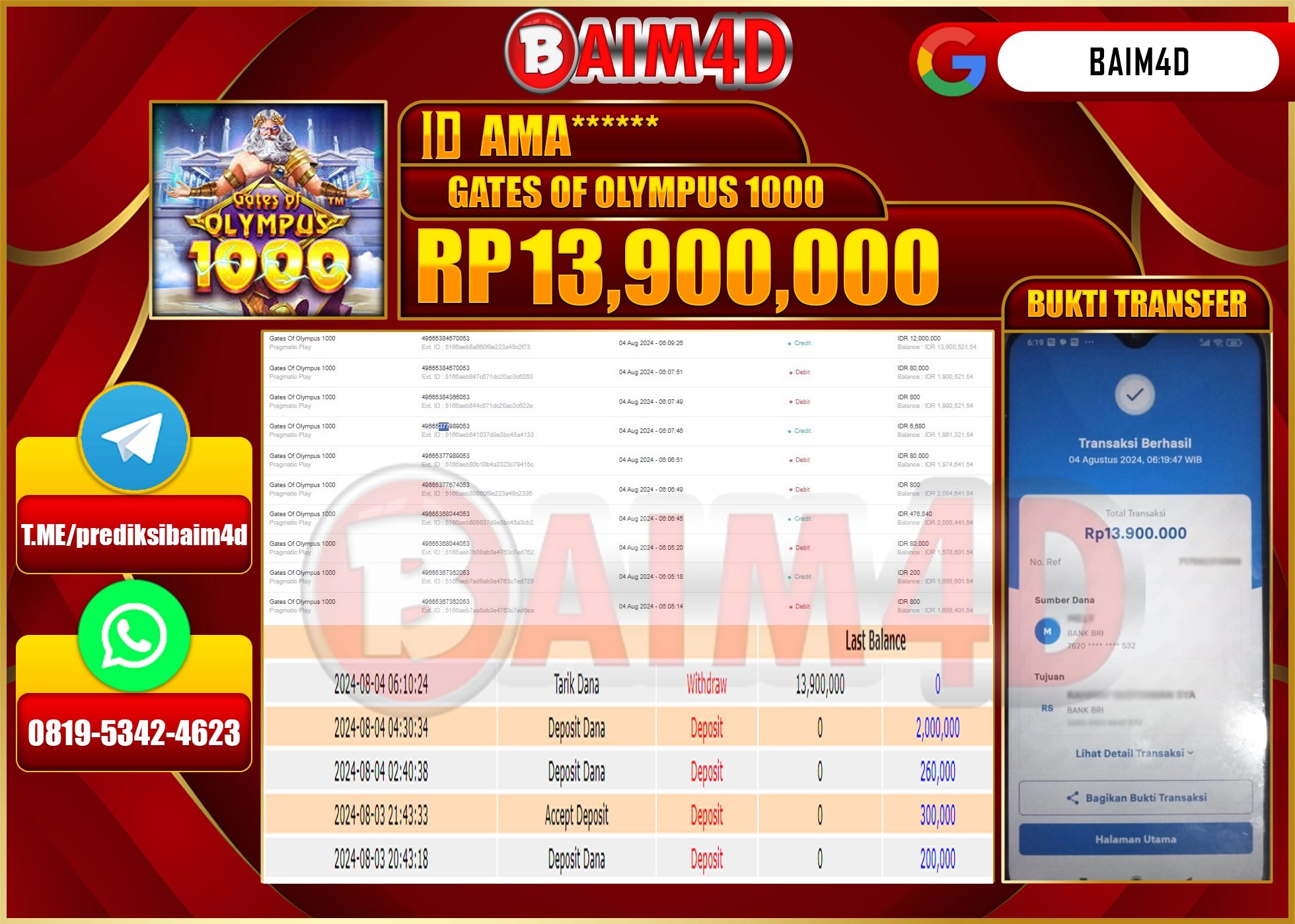 BAIM4D JACKPOT GATES OF OLYMPUS 1000 Rp.13.900,000.- LUNAS