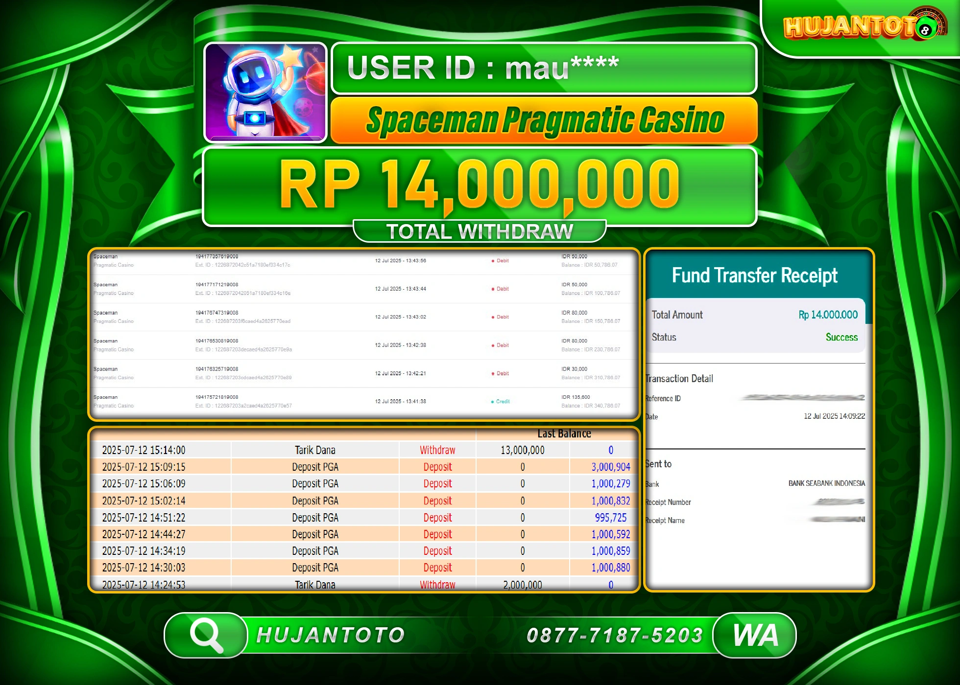 HUJANTOTO - BUKTI JACKPOT MENANG SPACEMAN PRAGMATIC CASINO Rp.14,000,000 - TERBAYAR LUNAS