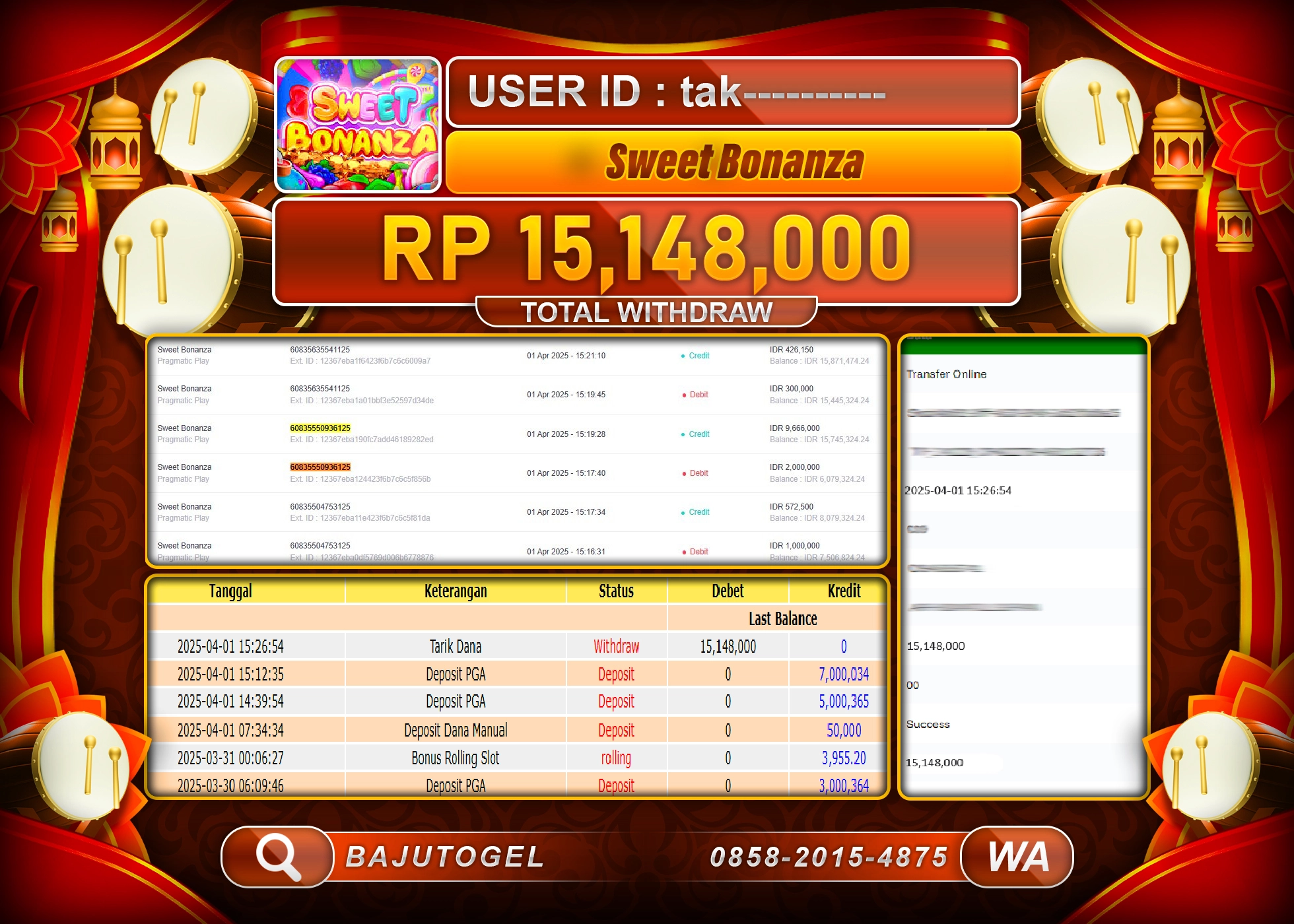 BAJUTOGEL KEMENANGAN SWEET BONANZA Rp.15.148.000 LUNAS