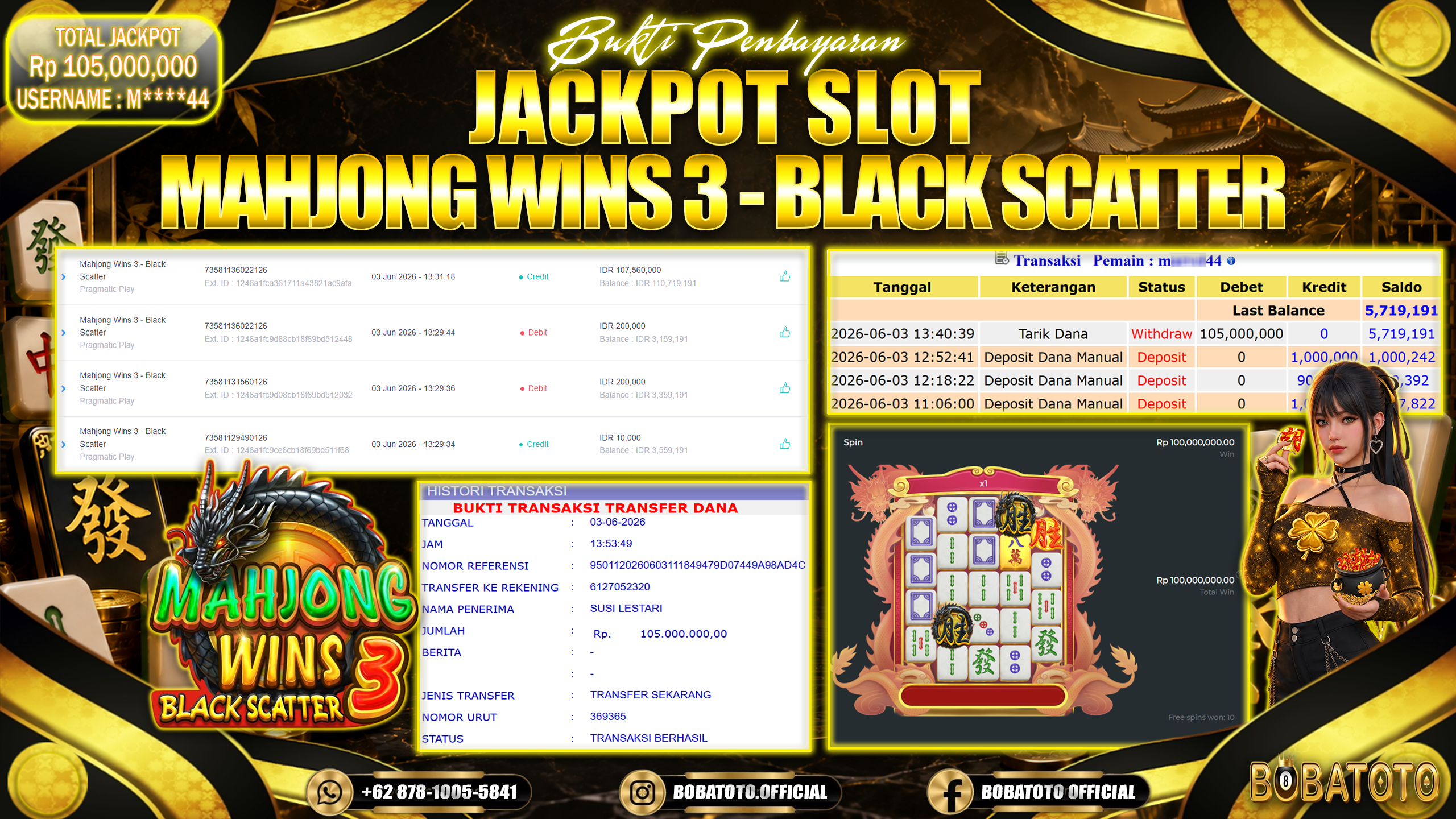 BOBATOTO JACKPOT SLOT MAHJONG WINS 3 PRAGMATIC PLAY Rp.105,000,000,- LUNAS!!! 
