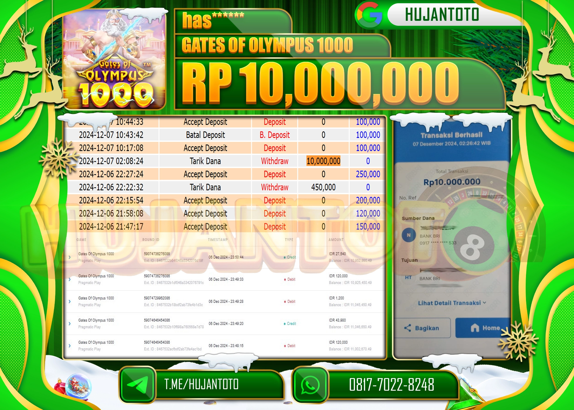 HUJANTOTO ATAS KEMENANGAN BESAR YANG  DI RAIH DI PERMAINAN SLOT GATES OF OLYMPUS 1000 - 10,000,000 -TERBAYAR - LUNAS 