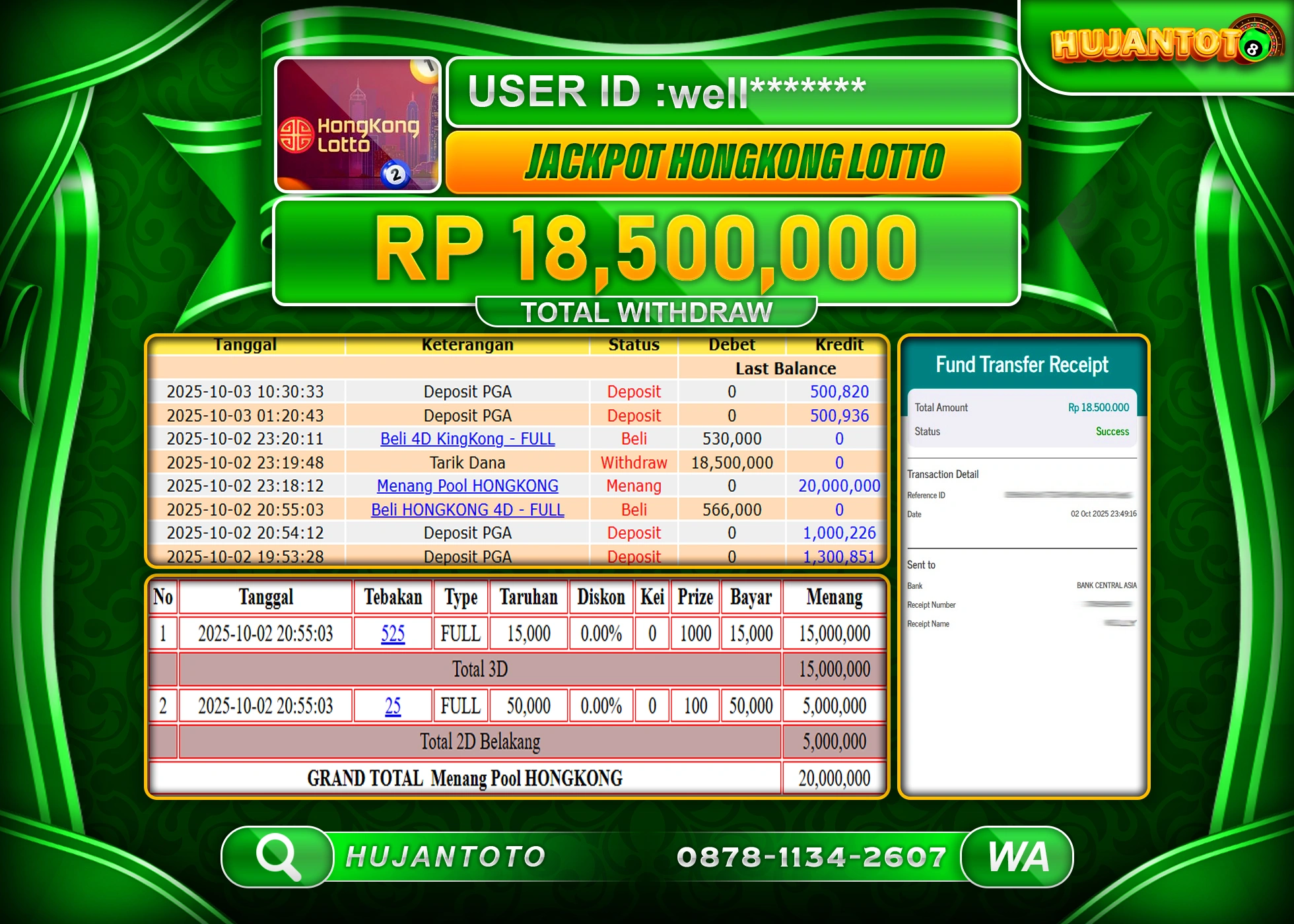 HUJANTOTO - BUKTI JACKPOT MENANG TOGEL HONGKONG LOTTO Rp.18,500,000 - TERBAYAR LUNAS