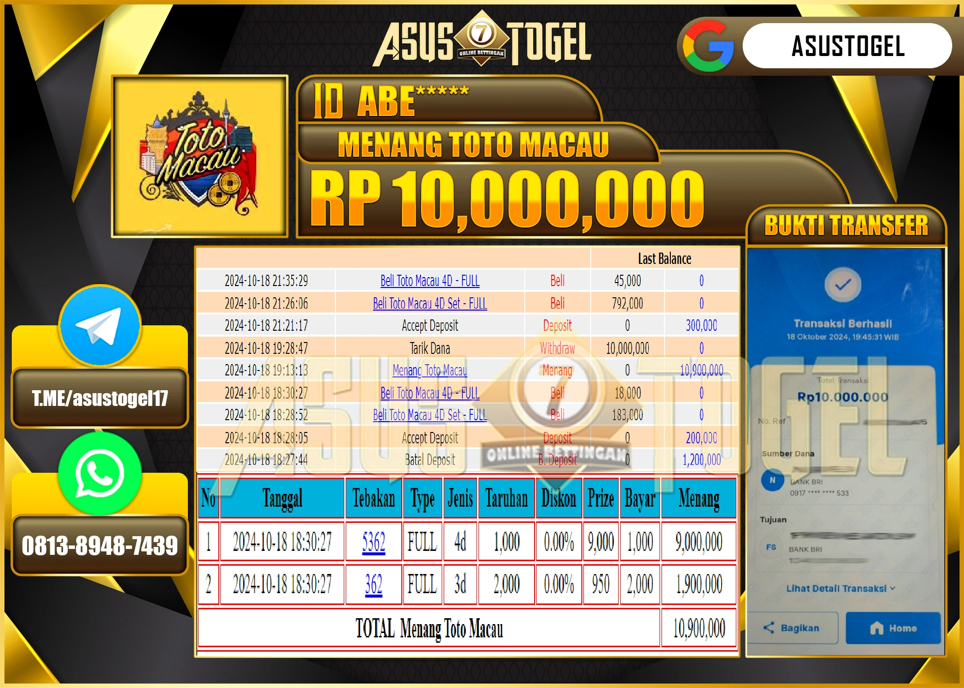 ASUSTOGEL KEMENANGAN  DI GAMES   MENANG  TOGEL  TOTO MACAU  SEBESAR   10,000,000- RUPIAH LUNAS