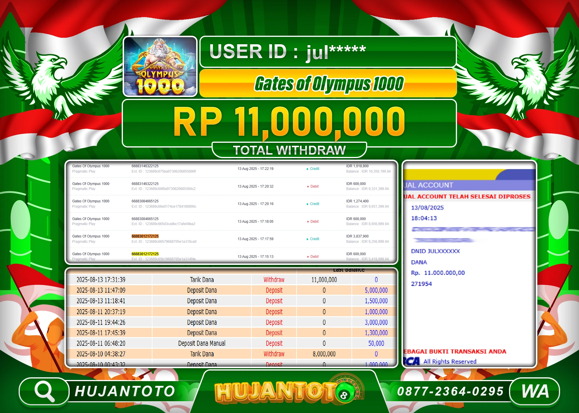 HUJANTOTO - BUKTI JACKPOT MENANG SLOT GATES OF OLYMPUS 1000 Rp.11,000,000 - TERBAYAR LUNAS