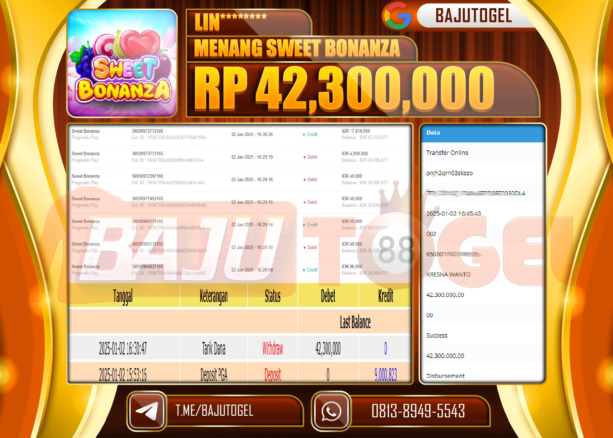 BAJUTOGEL JACKPOT SWEET BONANZA Rp.42.300.000 LUNAS