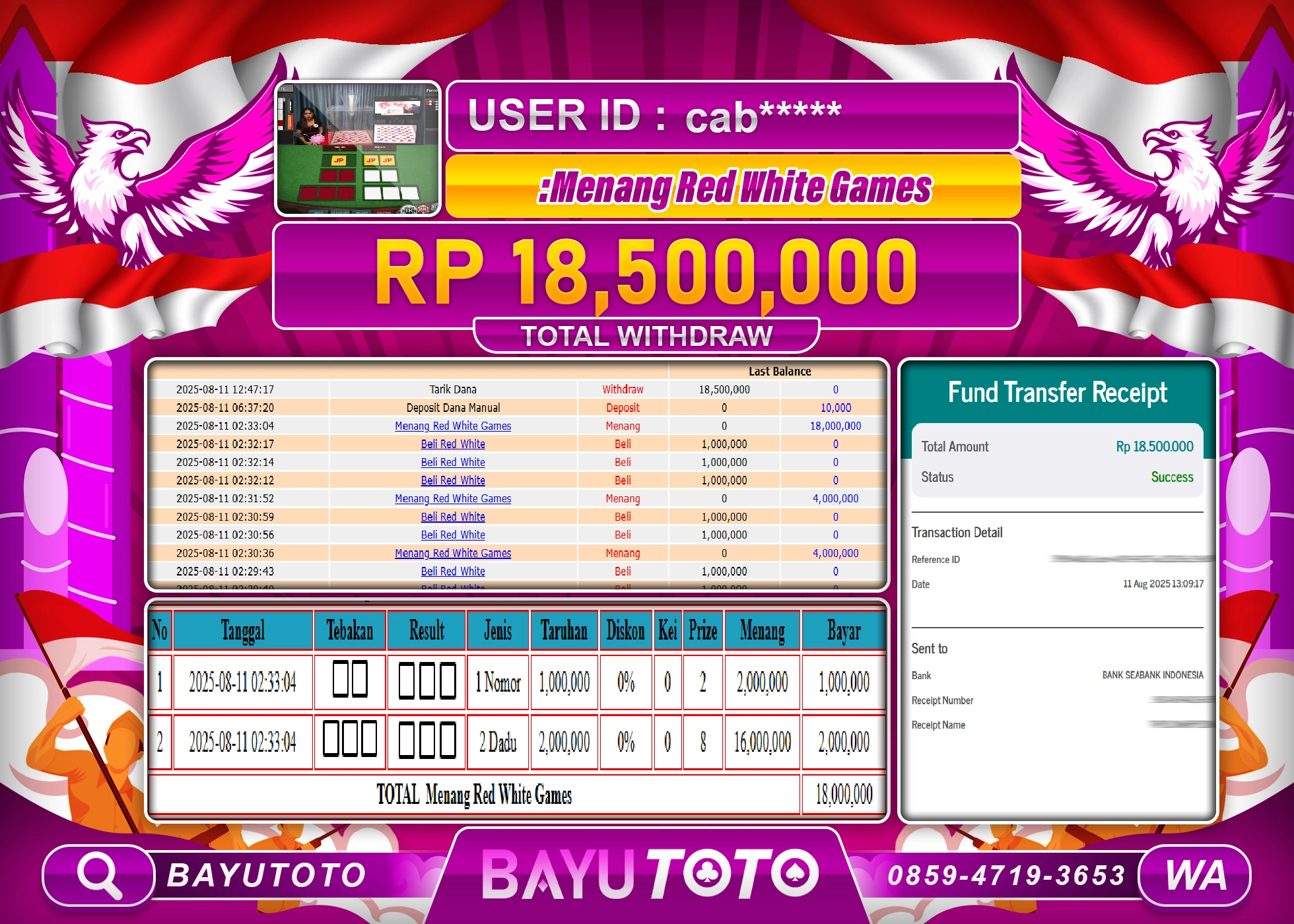 BAYUTOTO JACKPOT DI LIVE CASINO RED WHITE GAMES Rp.18,500,000 LUNAS