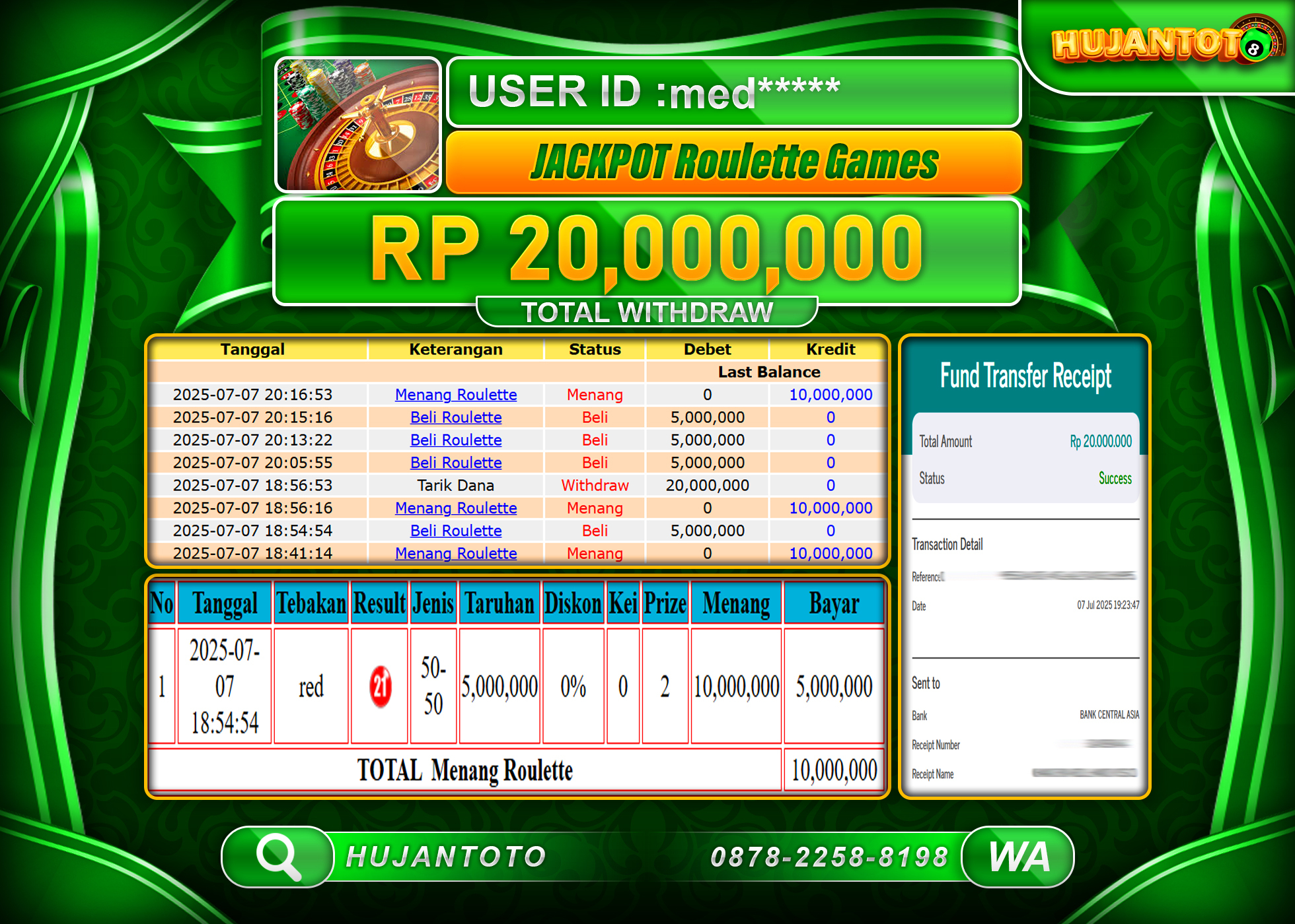 HUJANTOTO - BUKTI JACKPOT MENANG BESAR DI LIVEGAME ROULLETE GAMES Rp.20,000,000 - TERBAYAR LUNAS