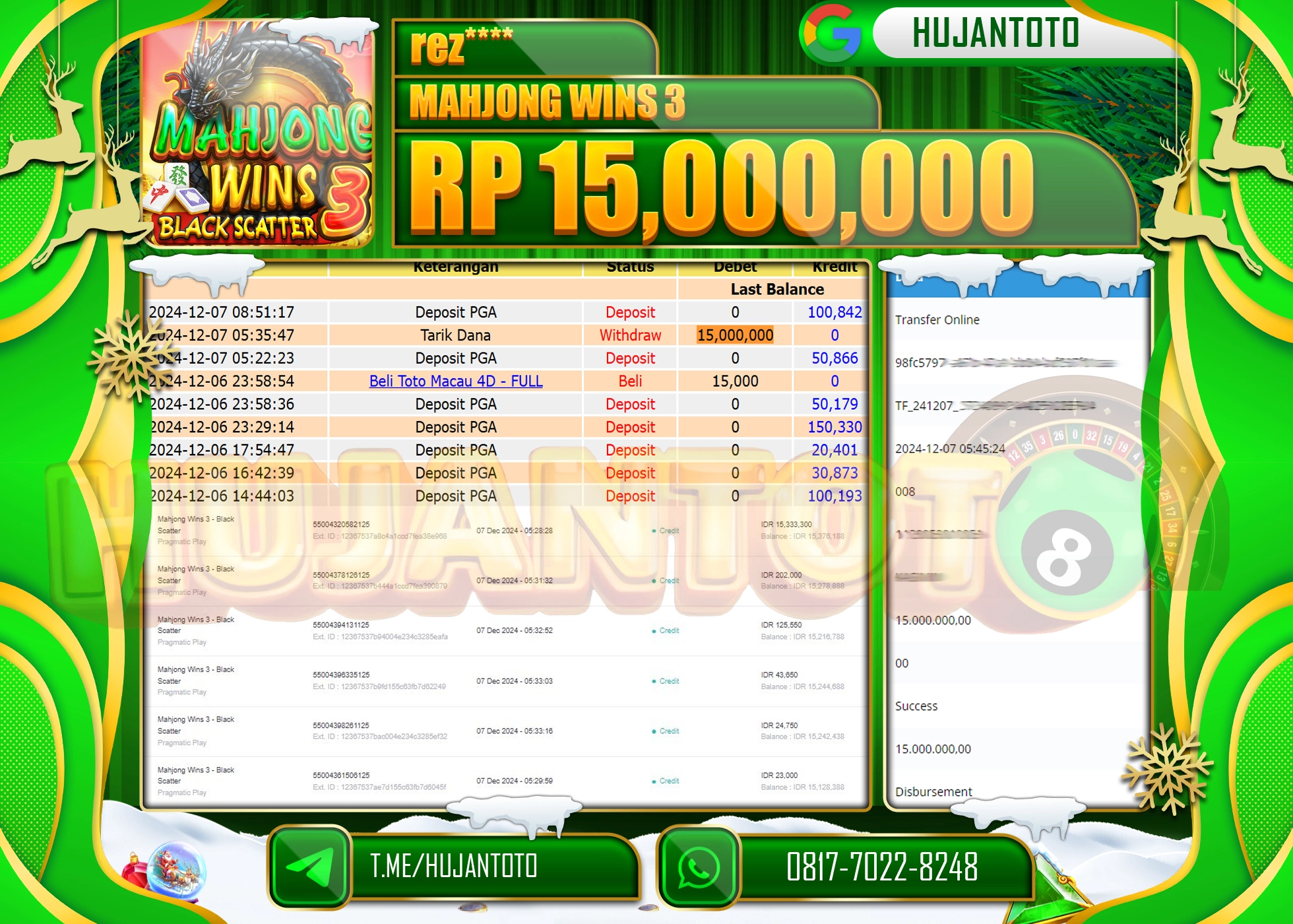 HUJANTOTO ATAS KEMENANGAN BESAR YANG  DI RAIH DI PERMAINAN SLOT MAHJONG WINS 3 SEBESAR - 15.000.000 -TERBAYAR - LUNAS 