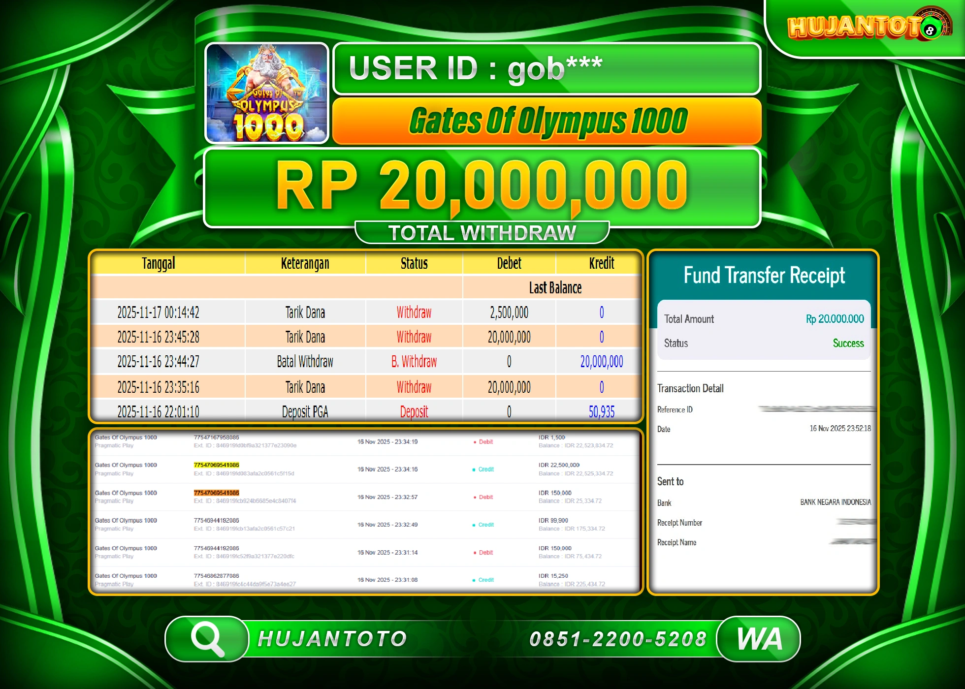 HUJANTOTO - BUKTI JACKPOT MENANG SLOT GATES OF OLYMPUS 1000 Rp.20,000,000 - TERBAYAR LUNAS
