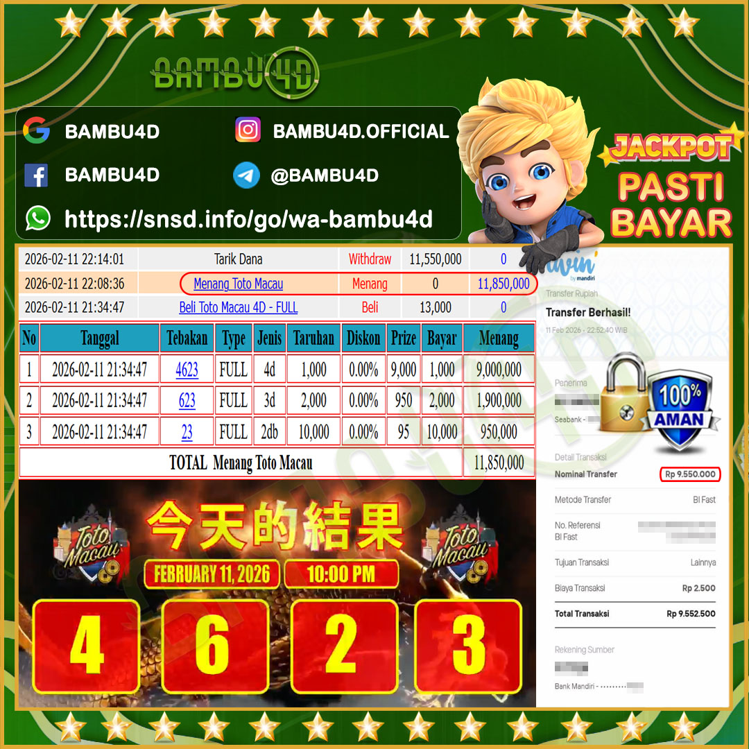 BAMBU4D JACKPOT TOGEL TOTOMACAU4D Rp.11.850.000,- LUNAS