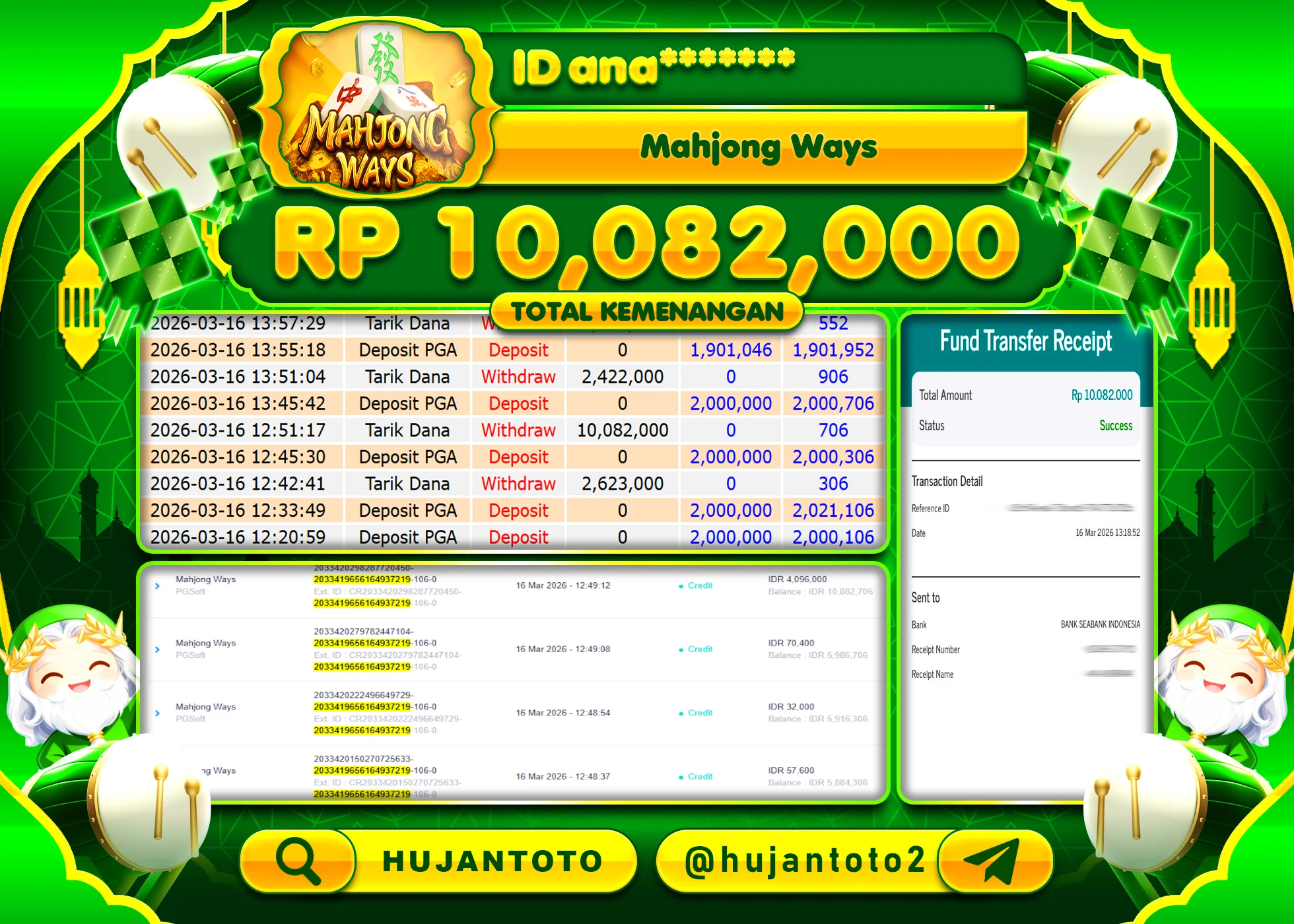HUJANTOTO - BUKTI JACKPOT MENANG SLOT MAHJONG WAYS   Rp.10,082,000 - TERBAYAR LUNAS
