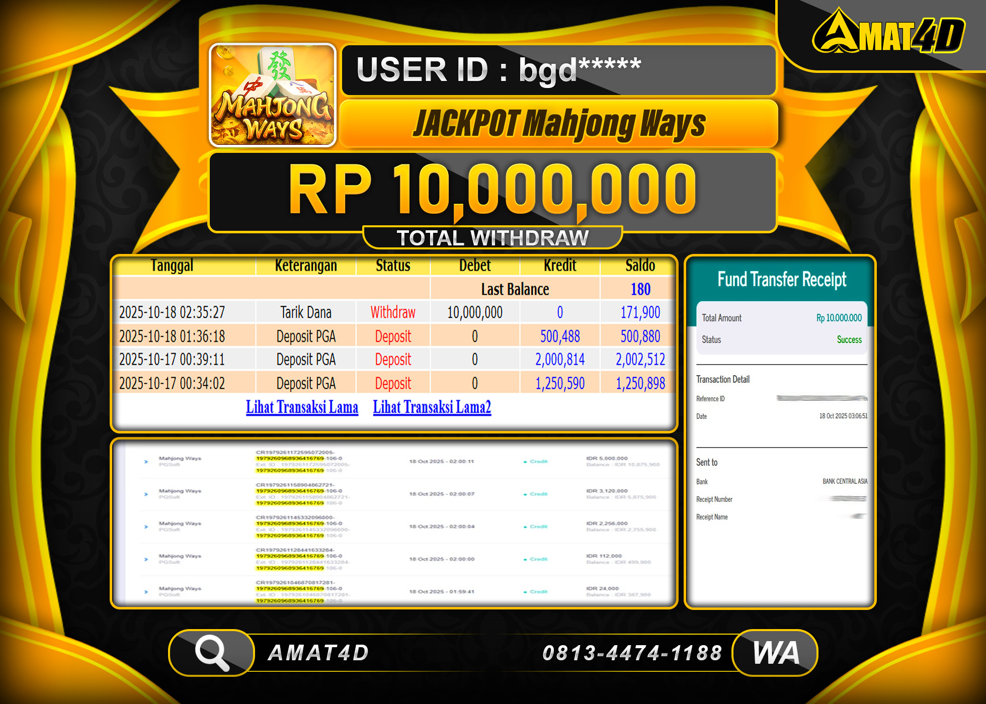 AMAT4D KEMENANGAN SLOT MAHJONG WAYS Rp.10.000.000 BERHASIL TERBAYAR LUNAS