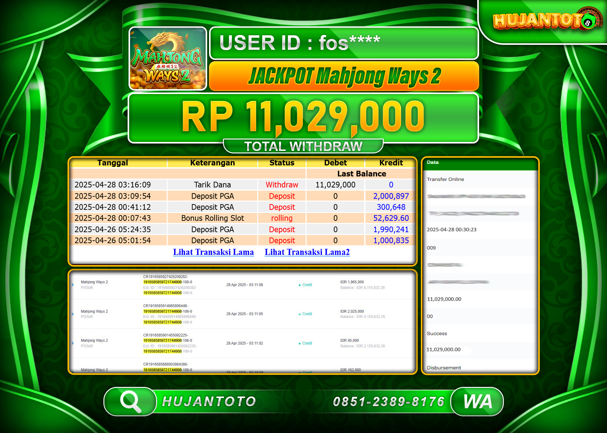 HUJANTOTO - BUKTI JACKPOT MENANG SLOT GAME MAHJONG WAYS 2 Rp,11,029,000 - TERBAYAR LUNAS