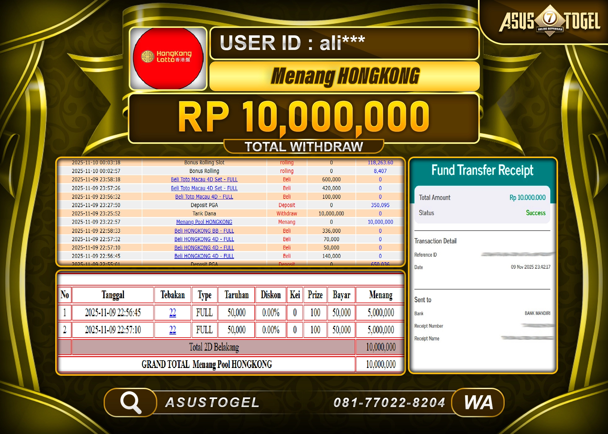 ASUSTOGEL KEMENANGAN DI TOGEL HONGKONG LOTTO SEBESAR 10,000,000 - RUPIAH LUNAS
