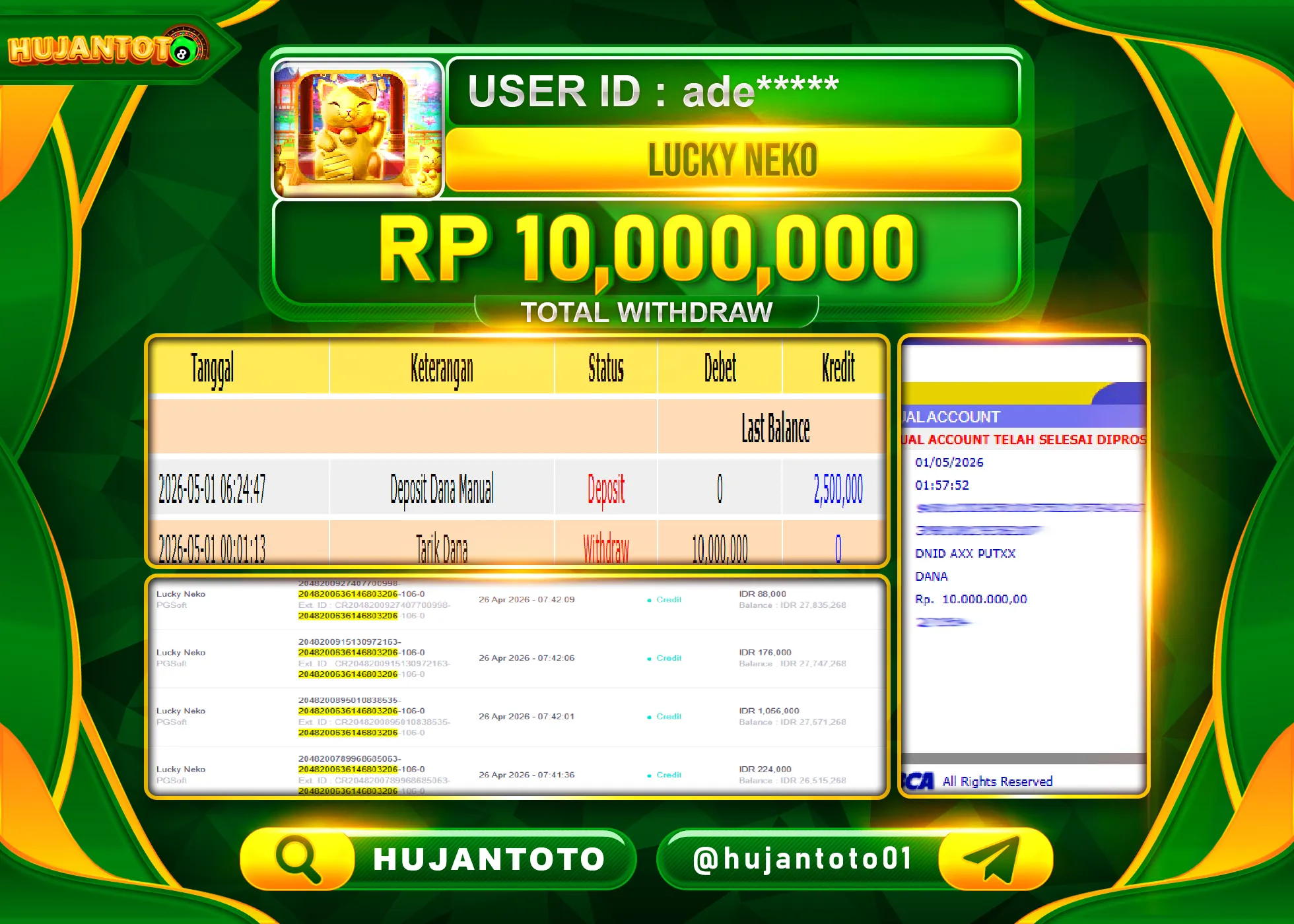 HUJANTOTO - BUKTI JACKPOT MENANG SLOT LUCKY NEKO PGSOFT Rp.10,000,000 - TERBAYAR LUNAS