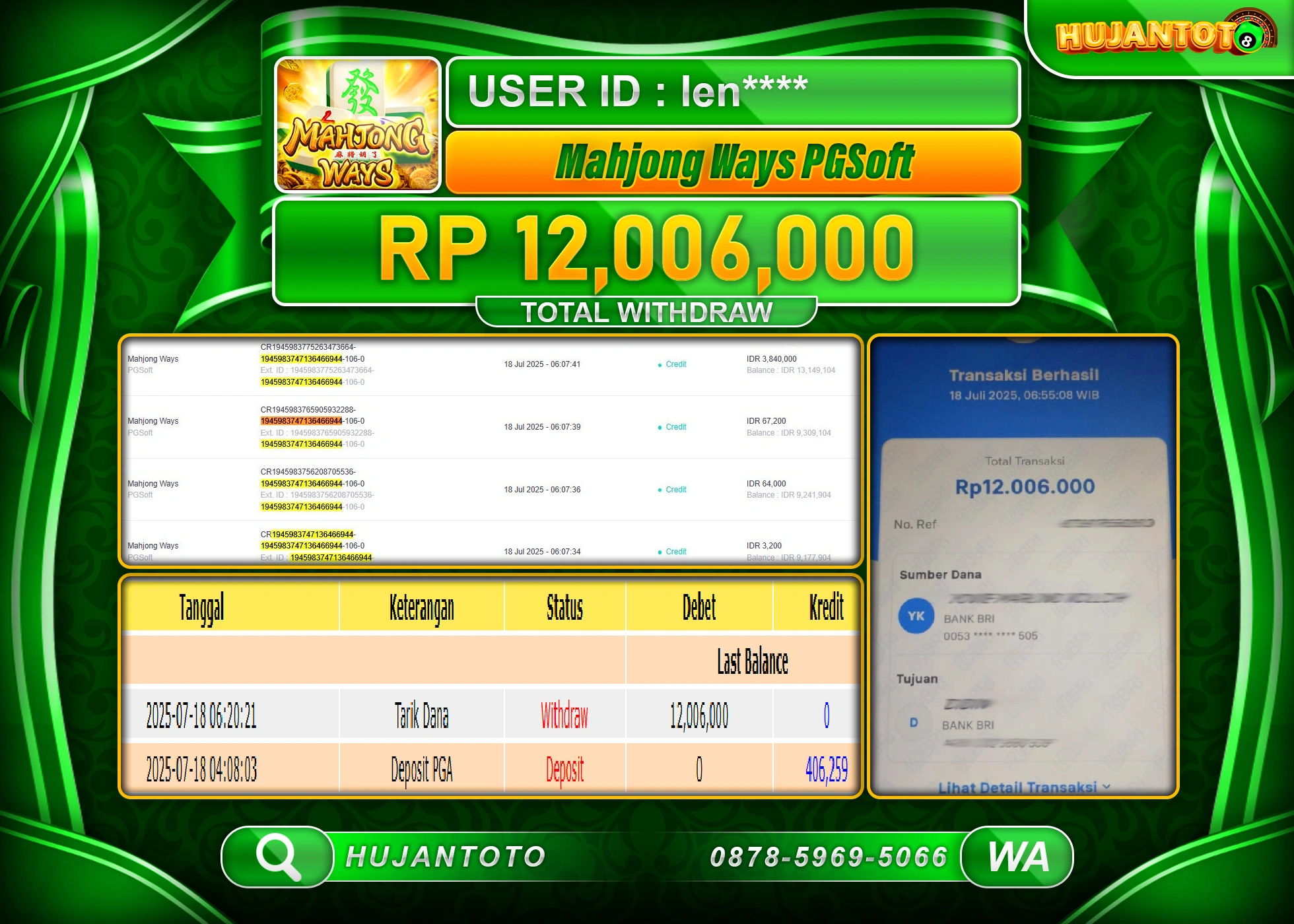 HUJANTOTO - BUKTI JACKPOT MENANG SLOT MAHJONG WAYS PG SOFT Rp.12,006,000 - TERBAYAR LUNAS