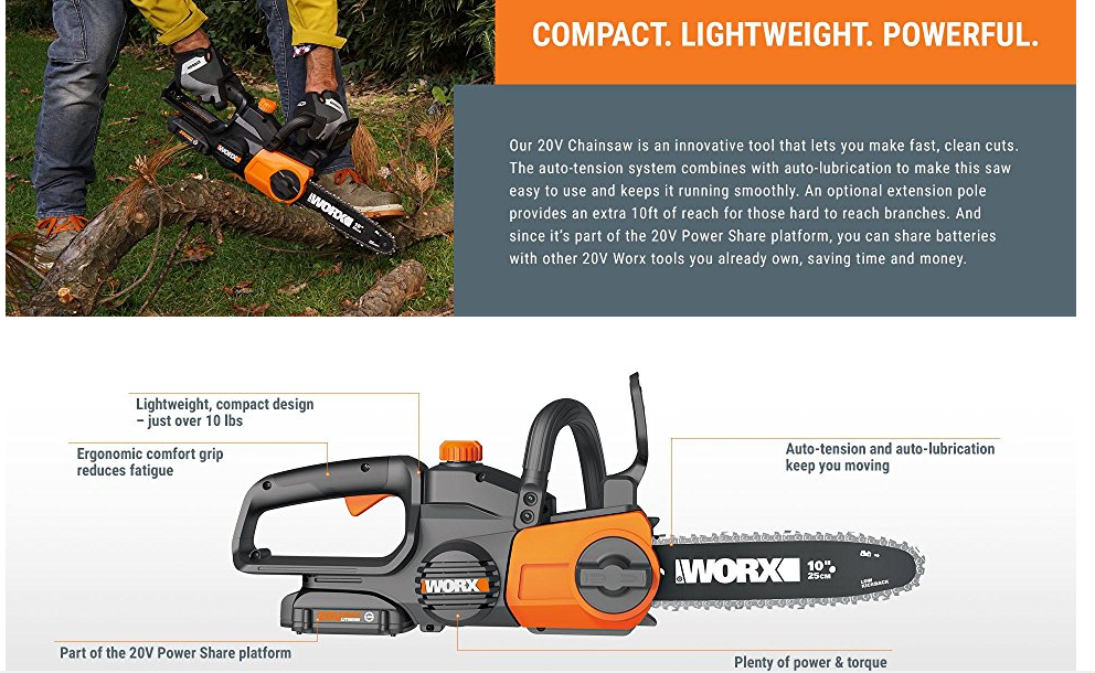 Worx WG322 20V Cordless Chainsaw AutoTension Lightweight Chain Saw