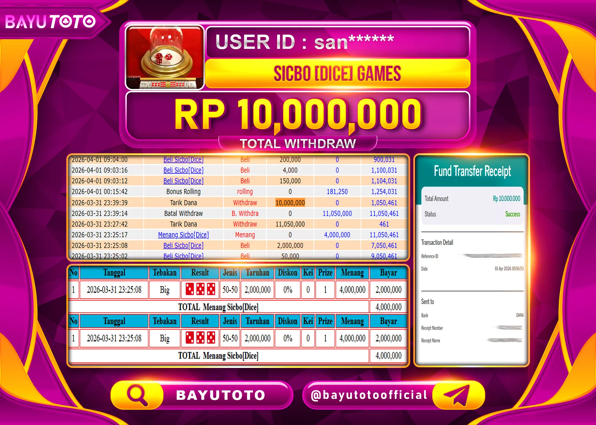 SELAMAT MEMBER SETIA BAYUTOTO JACKPOT DI LIVEGAMES SICBO DICE GAMES Rp. 10,000,000 LUNAS
