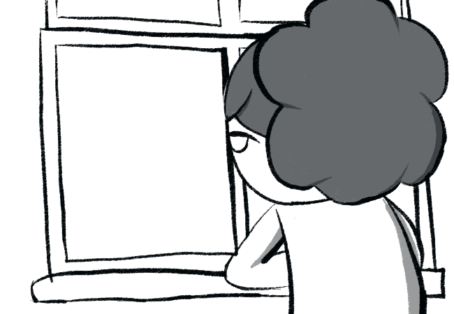 A woman with her hair tied staring out a self-opening window.