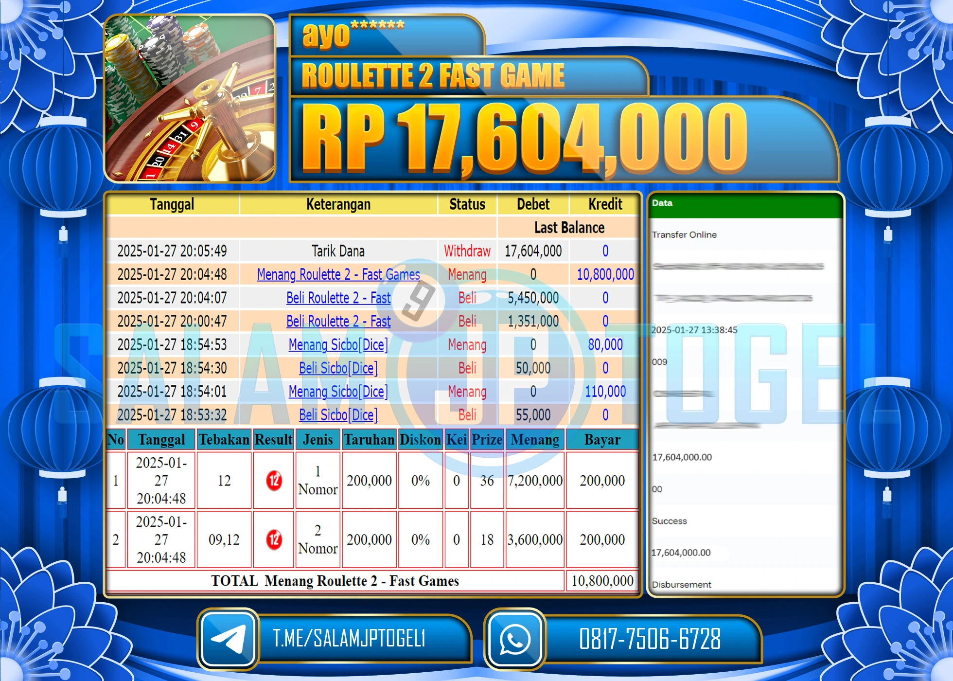 SALAMJPTOGEL MENANG ROULETTE 2 FAST GAME Rp.17,604,000 LUNAS