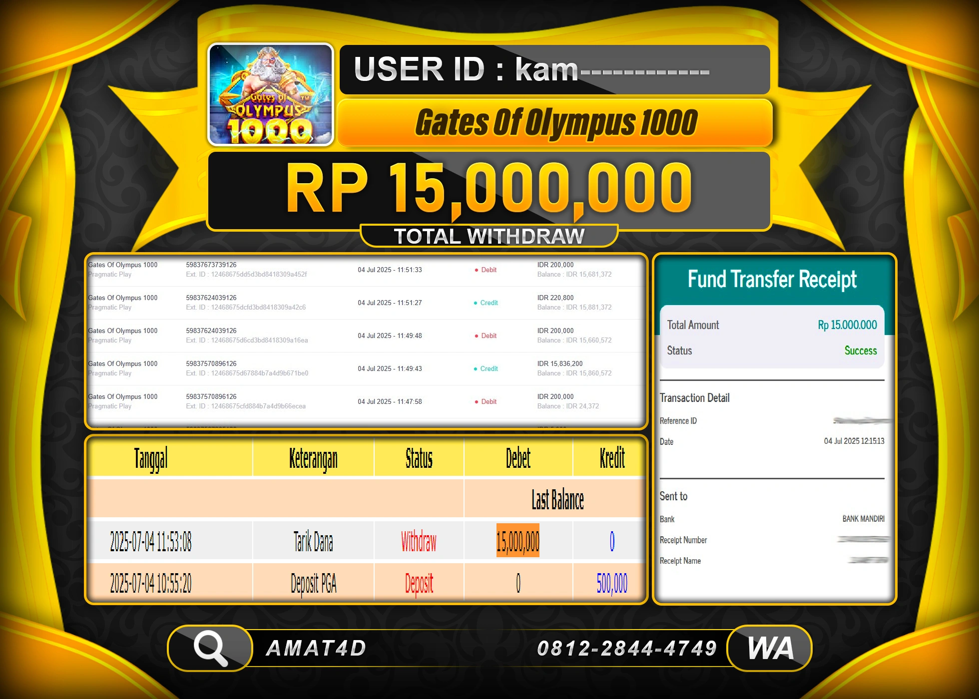 AMAT4D KEMENANGAN  GATES OF OLYMPUS 1000   Rp.15.000.000 BERHASIL TERBAYAR LUNAS