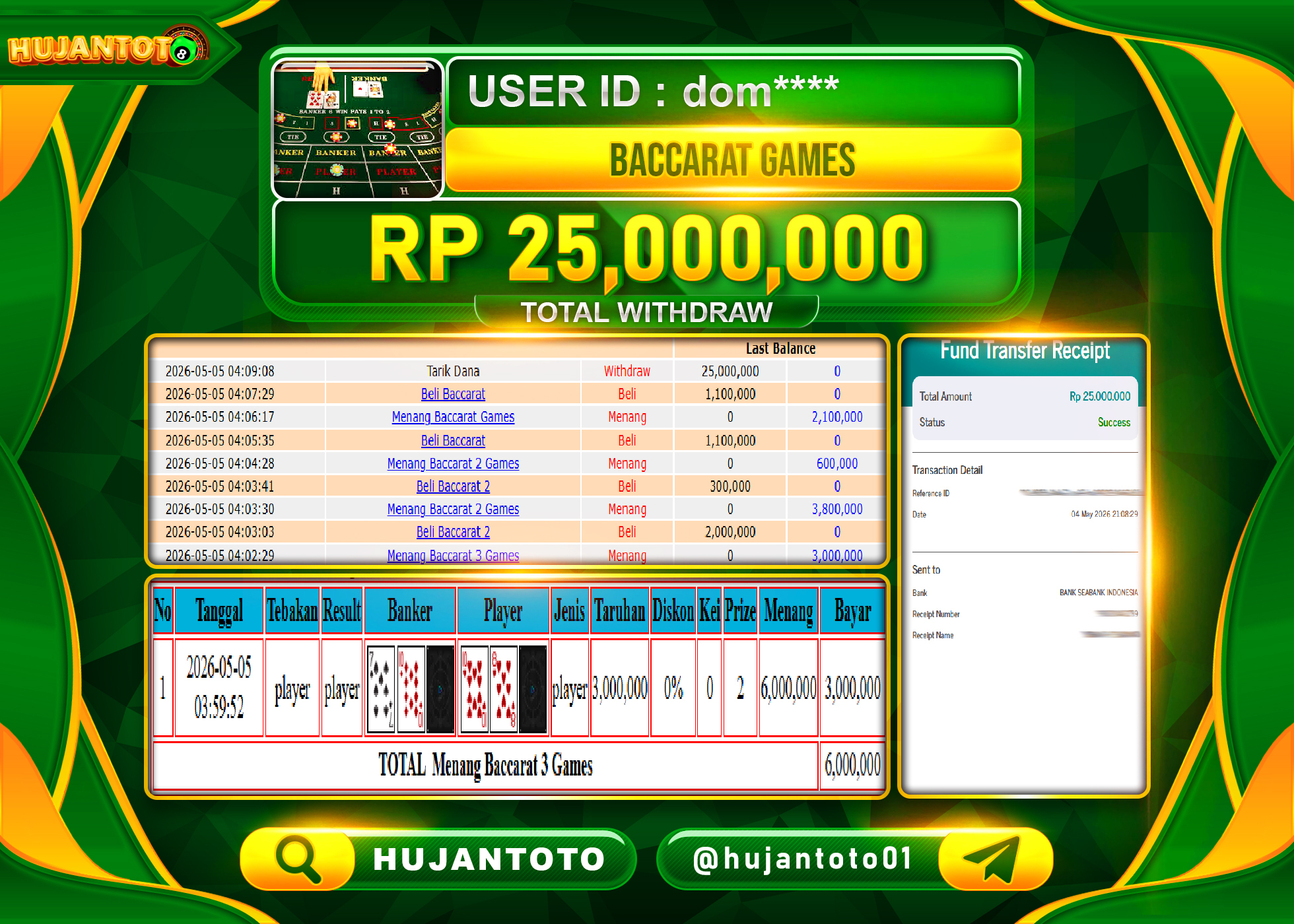 HUJANTOTO - BUKTI JACKPOT MENANG LIVE GAMES BACCARAT 2 Rp.25,000,000 - TERBAYAR LUNAS