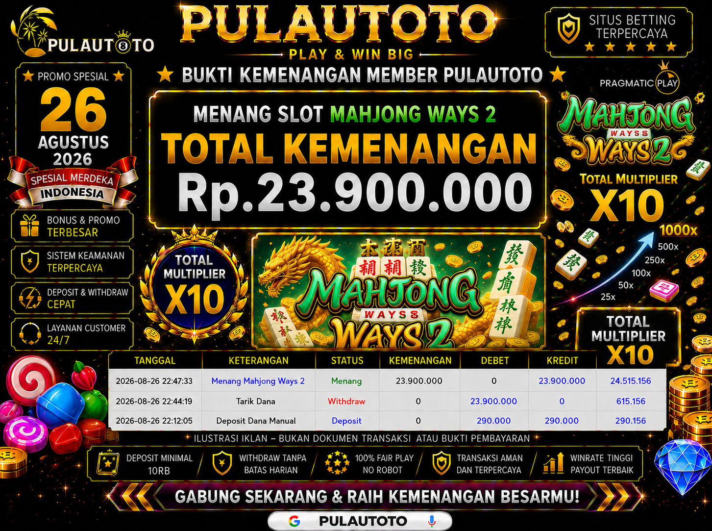 🏆 BUKTI KEMENANGAN MEMBER PULAUTOTO KEMENANGAN MAHJONG WAYS 2🏆