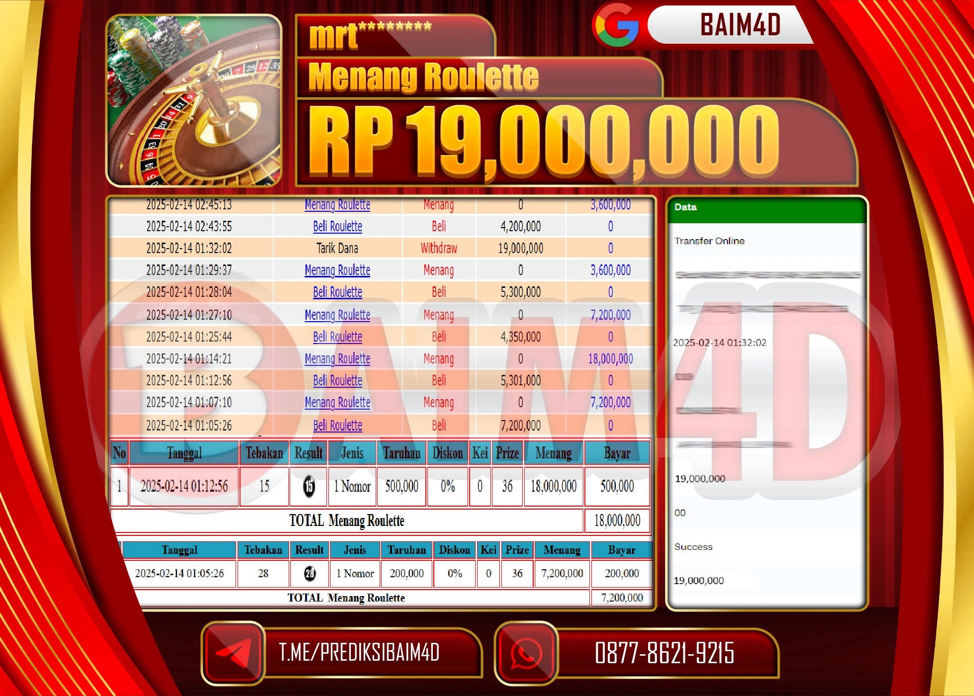 BAIM4D MENANG  MENANG ROULLETE GAMES   Rp.19.000,000.