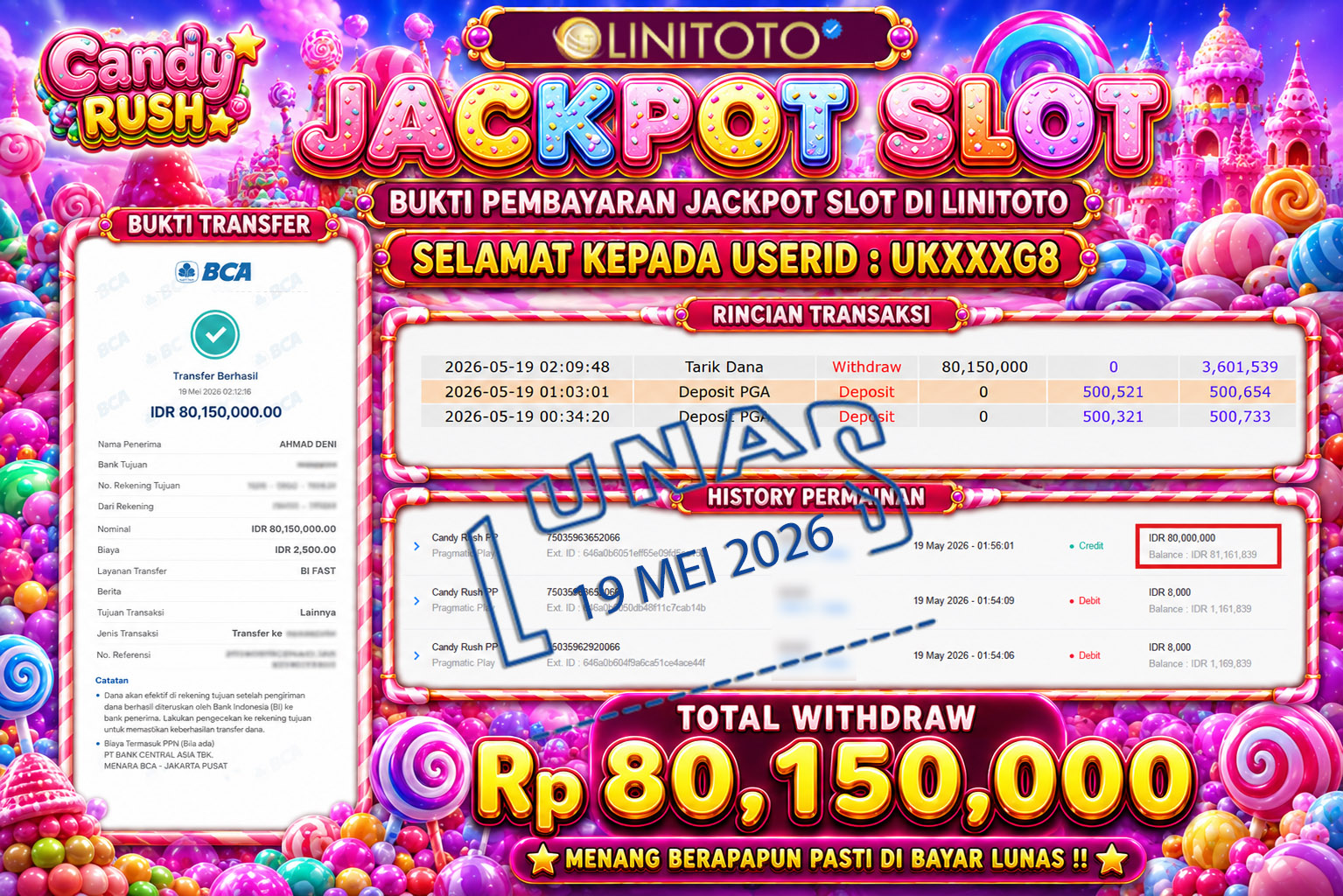 LINITOTO JACKPOT SLOT Candy Rush PP Rp.80,150,000 - LUNAS