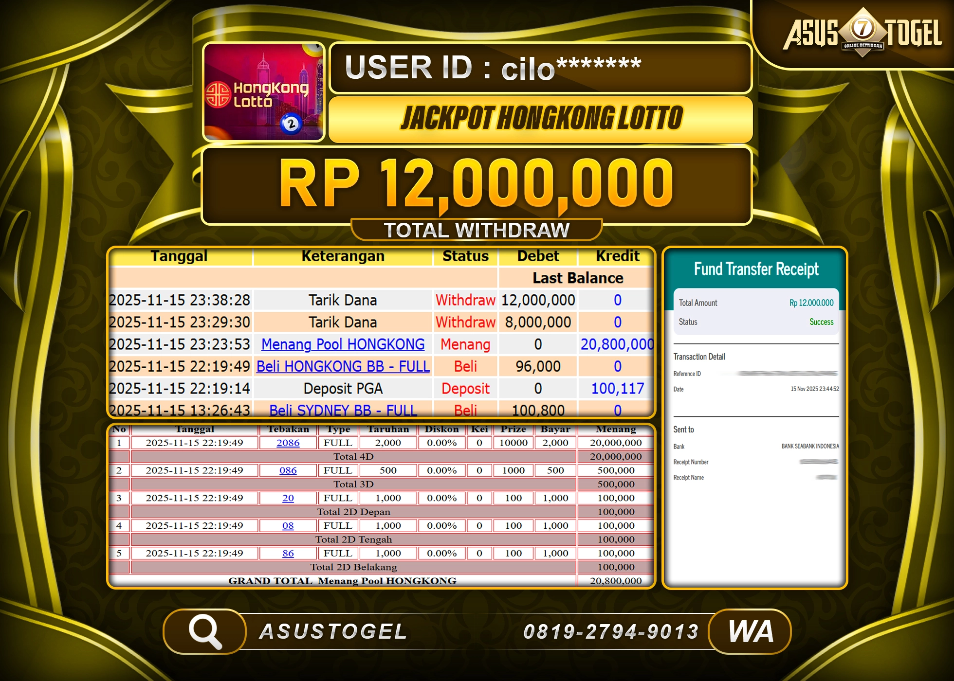 ASUSTOGEL KEMENANGAN DI TOGEL HONGKONG LOTTO SEBESAR 12,000,000 - RUPIAH LUNAS