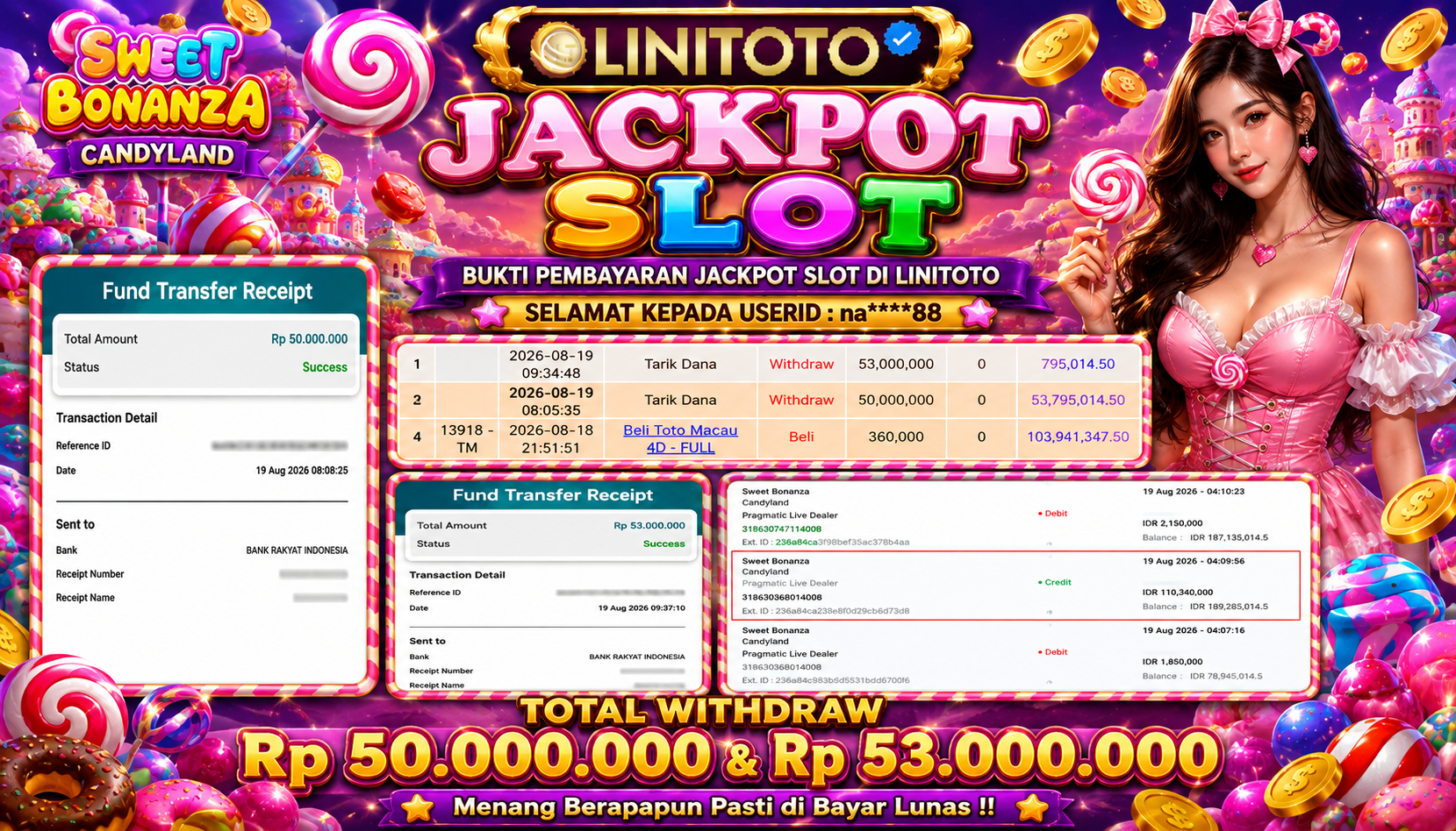 LINITOTO JACKPOT SLOT Sweet Bonanza Candyland  Rp.50,000,000 dan Rp.53,000,000 - LUNAS