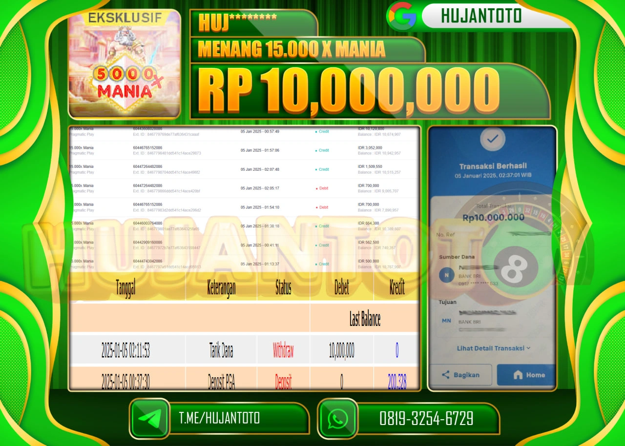 HUJANTOTO - BUKTI JACKPOT DI PERMAINAN SLOT 15,000 X MANIA  Rp.10,000,000,- TERBAYAR LUNAS
