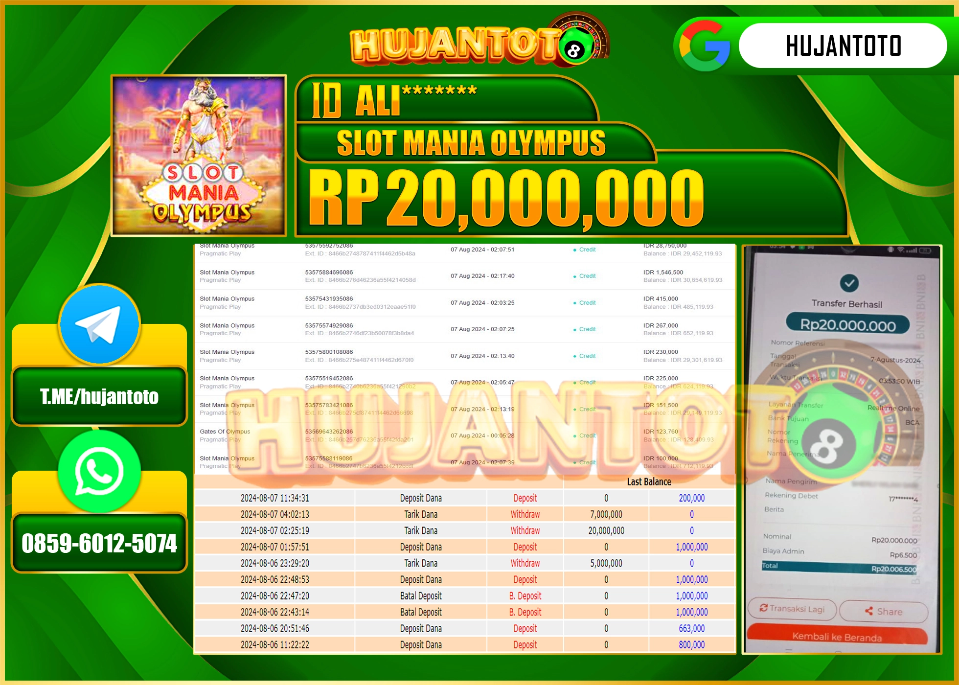 HUJANTOTO MENANG BESAR DI PERMAINAN SLOT MANIA OLYMPUS 20.000.000 - LUNAS 